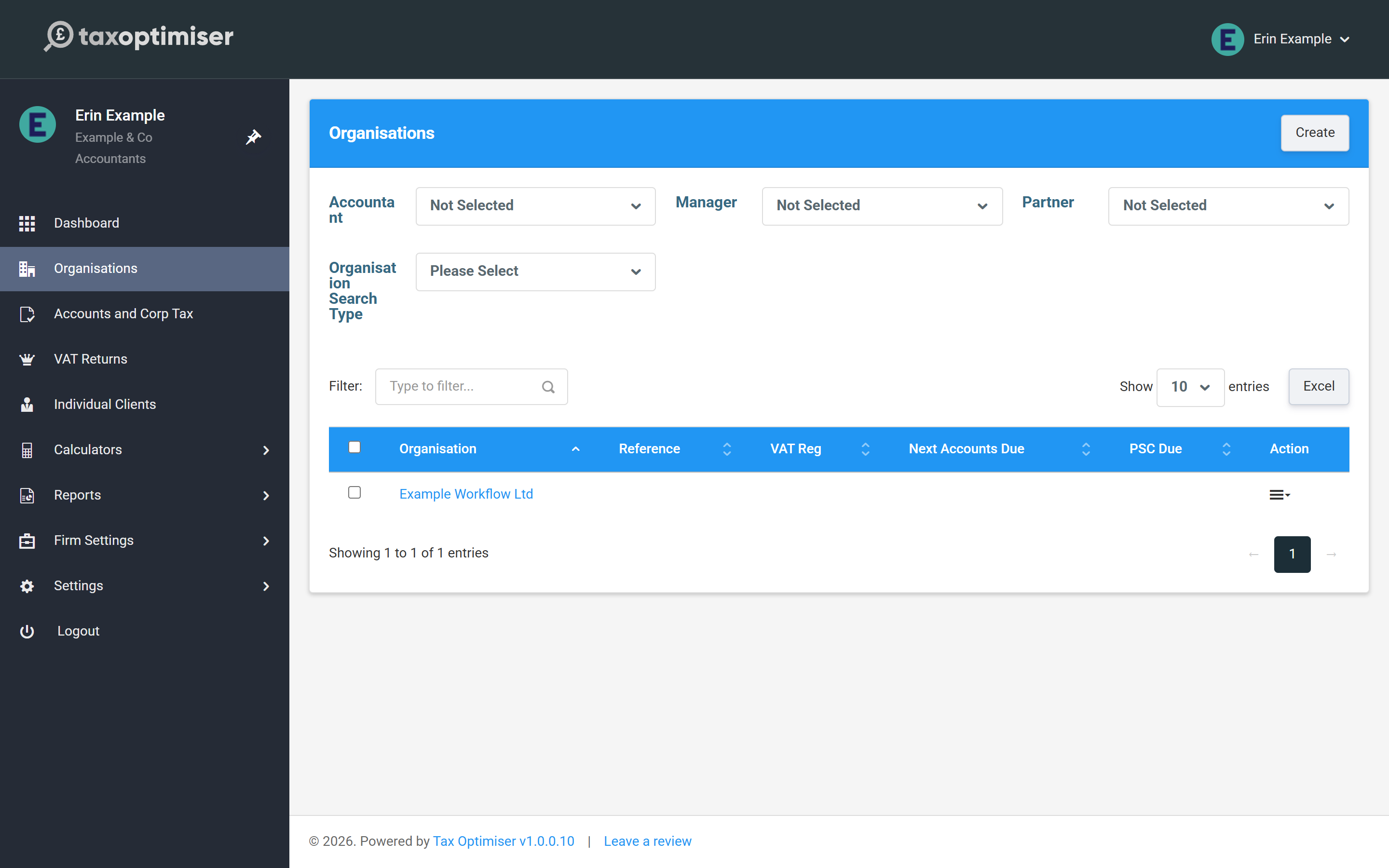 The Organisations list - every client your firm manages, with filtering by accountant, manager and partner