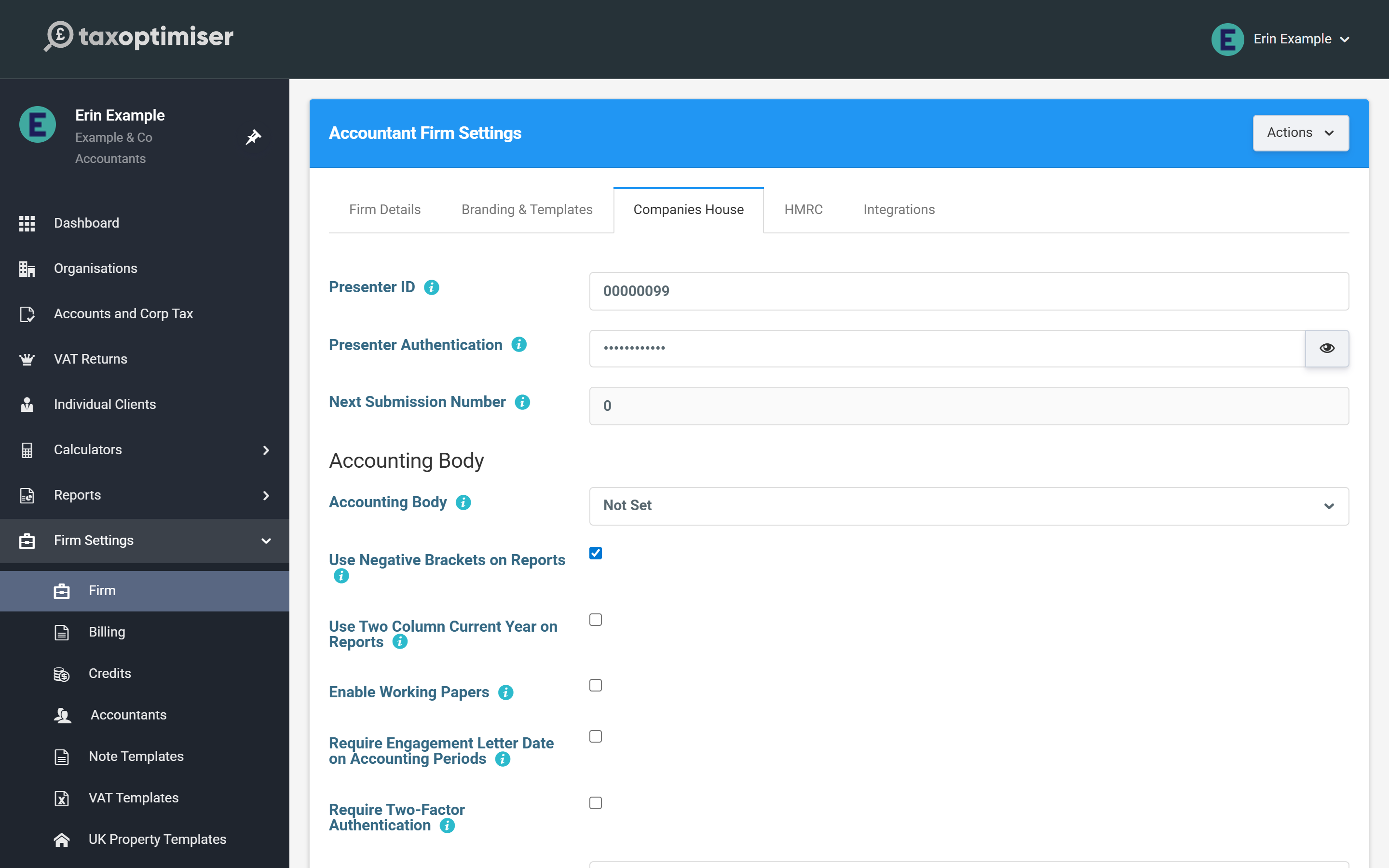 The Companies House tab of Accountant Firm Settings: Presenter ID, Presenter Authentication and Next Submission Number