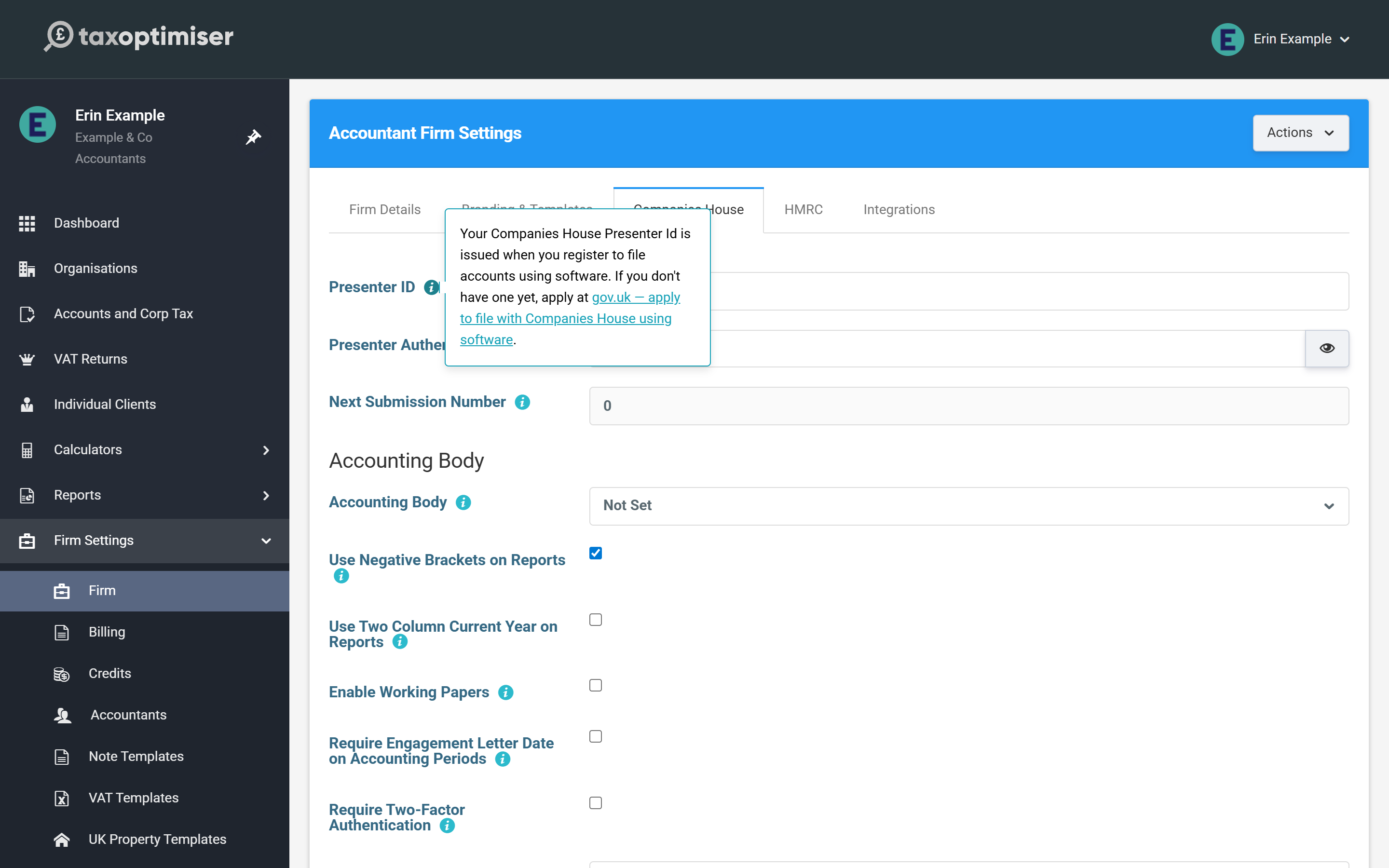 The Presenter ID help popover, linking to the gov.uk application for software filing