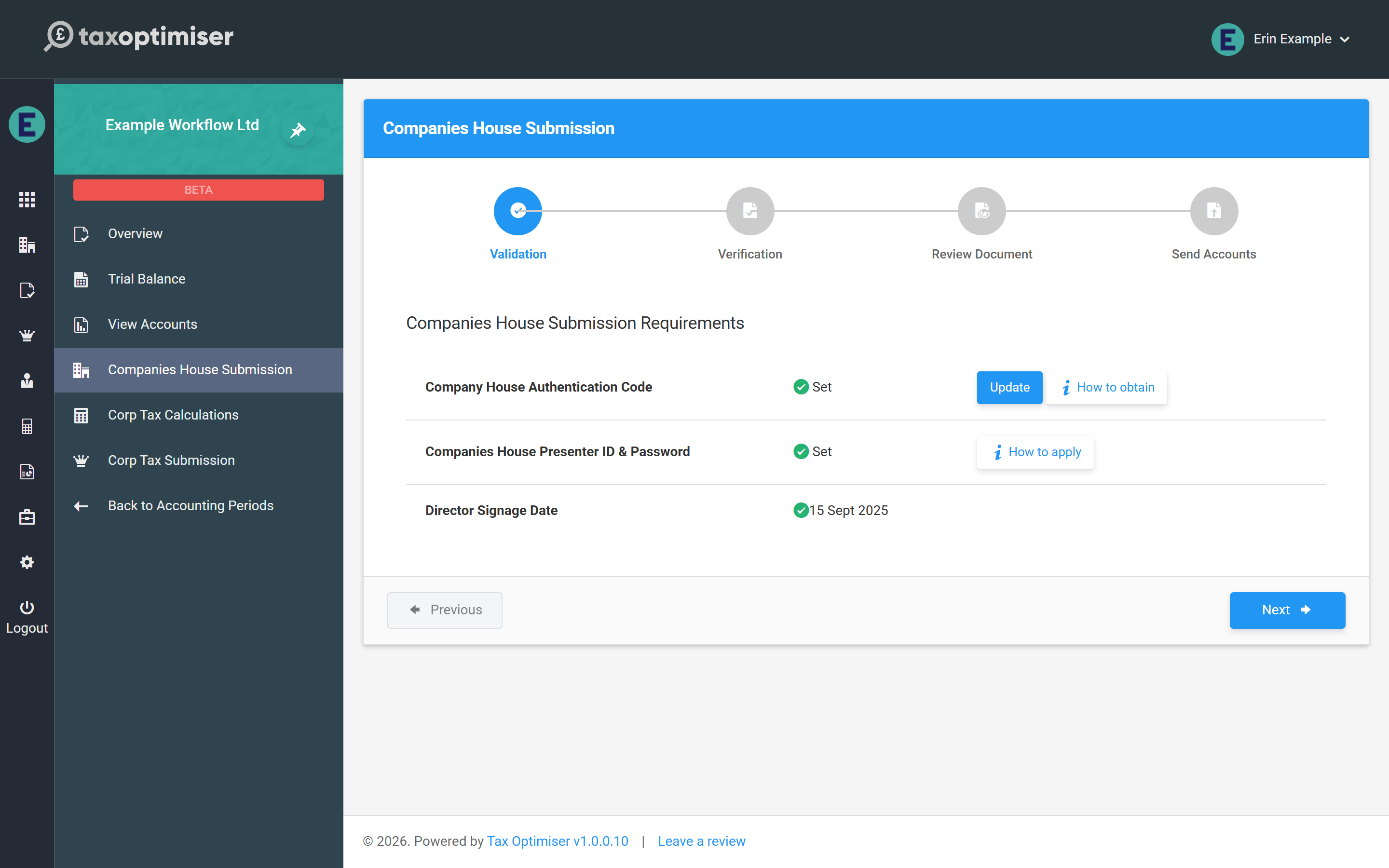 The Companies House submission wizard validation step with auth code, presenter credentials and director signage date all set