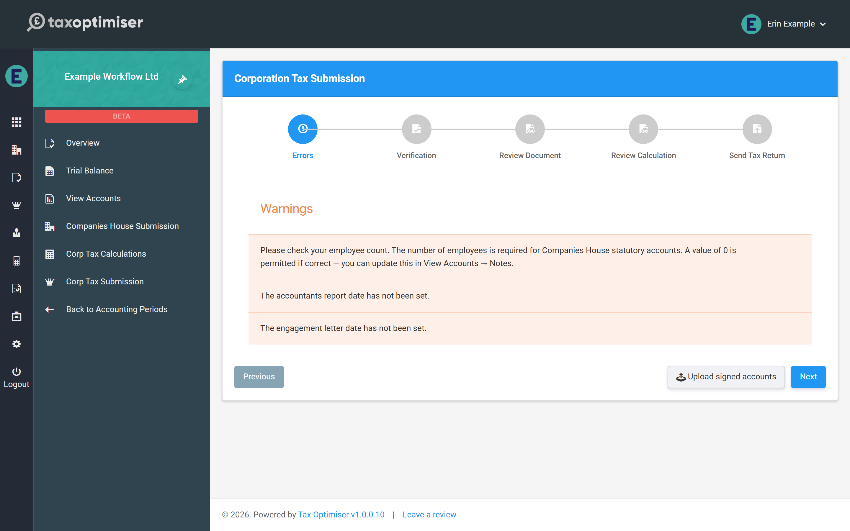 The Corporation Tax submission wizard Errors step showing three advisory warnings: employee count, accountants report date and engagement letter date