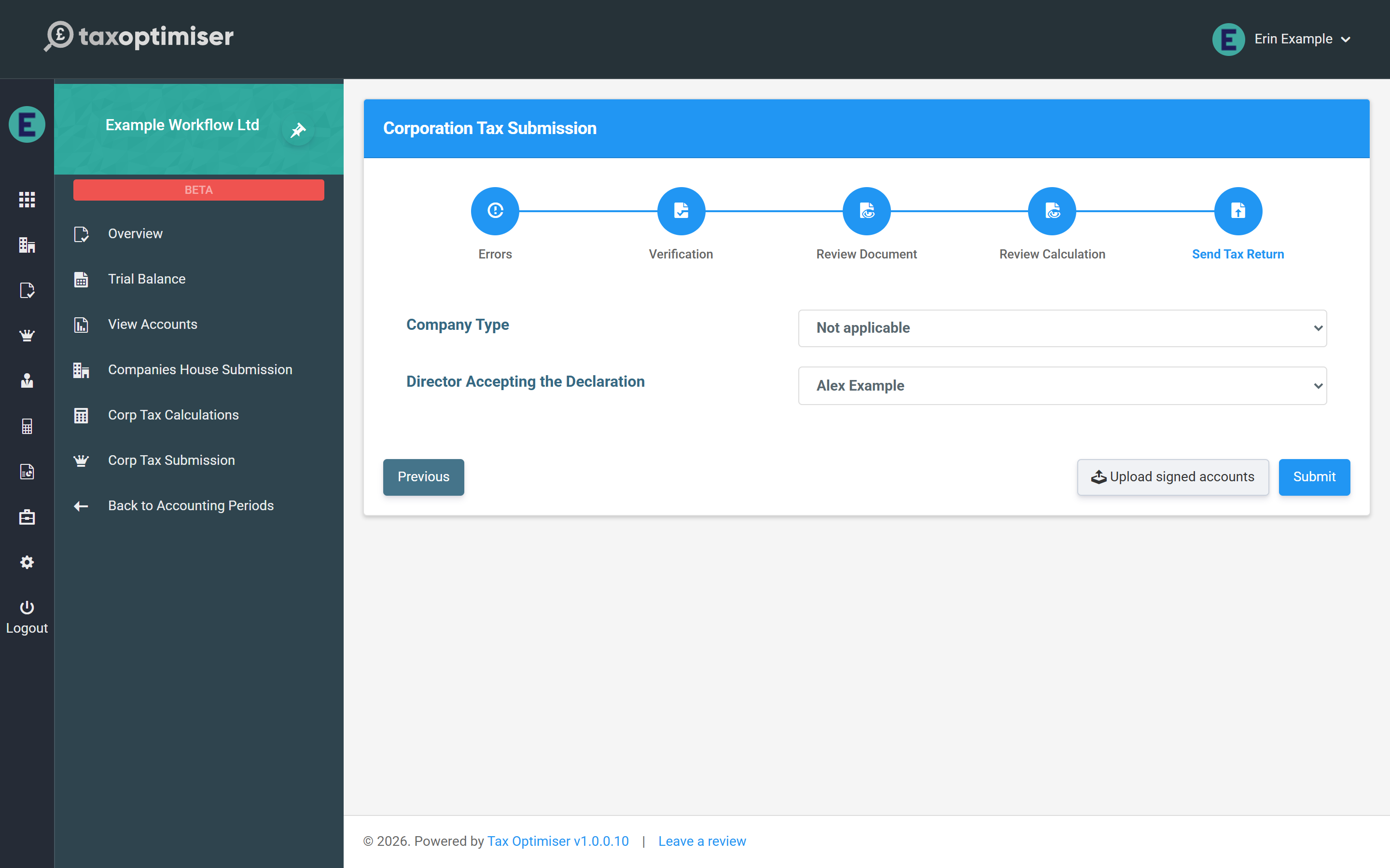 The Send Tax Return step: company type and the director accepting the declaration, with the Submit button