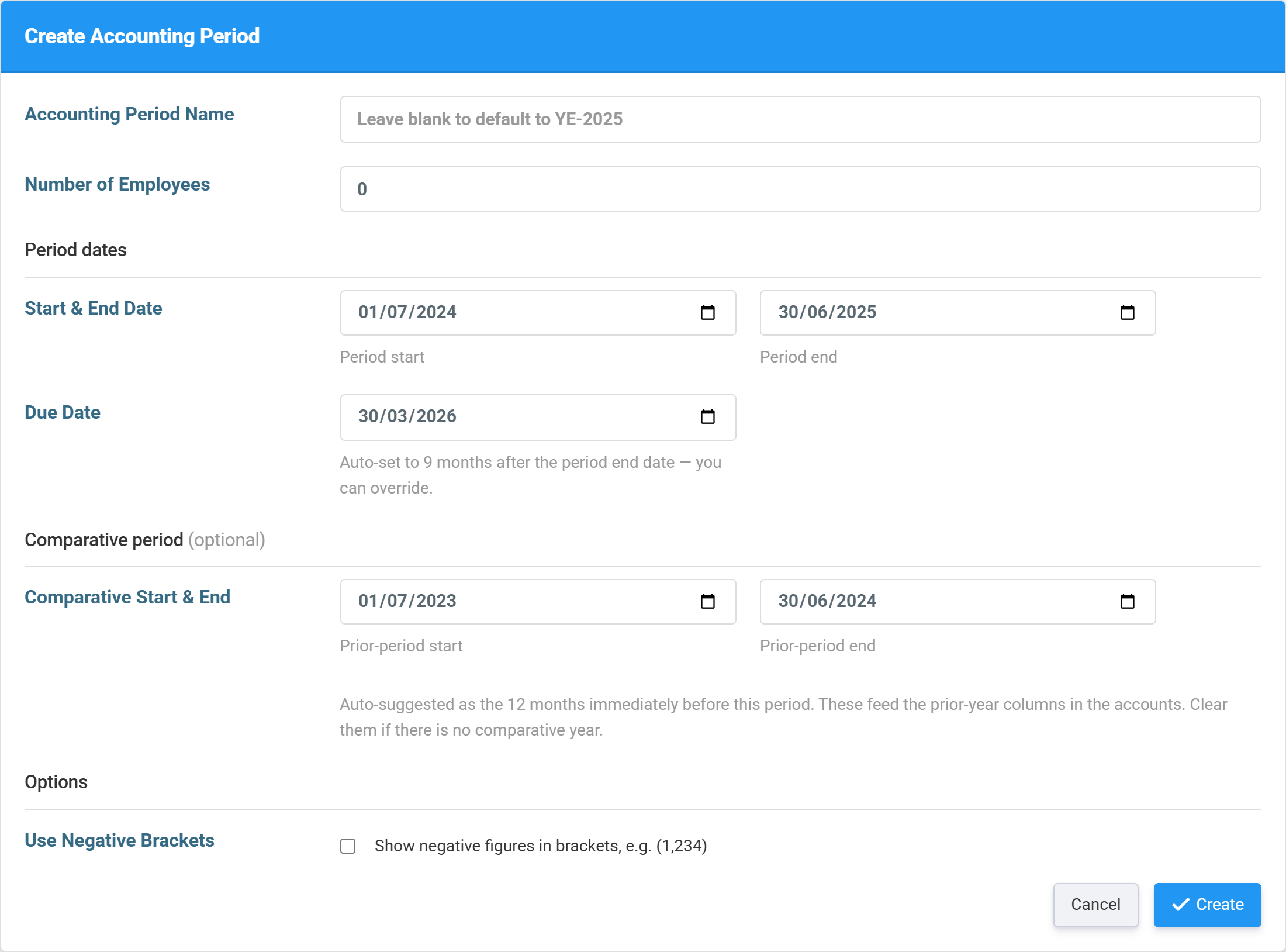 The Create Accounting Period form with its default field values