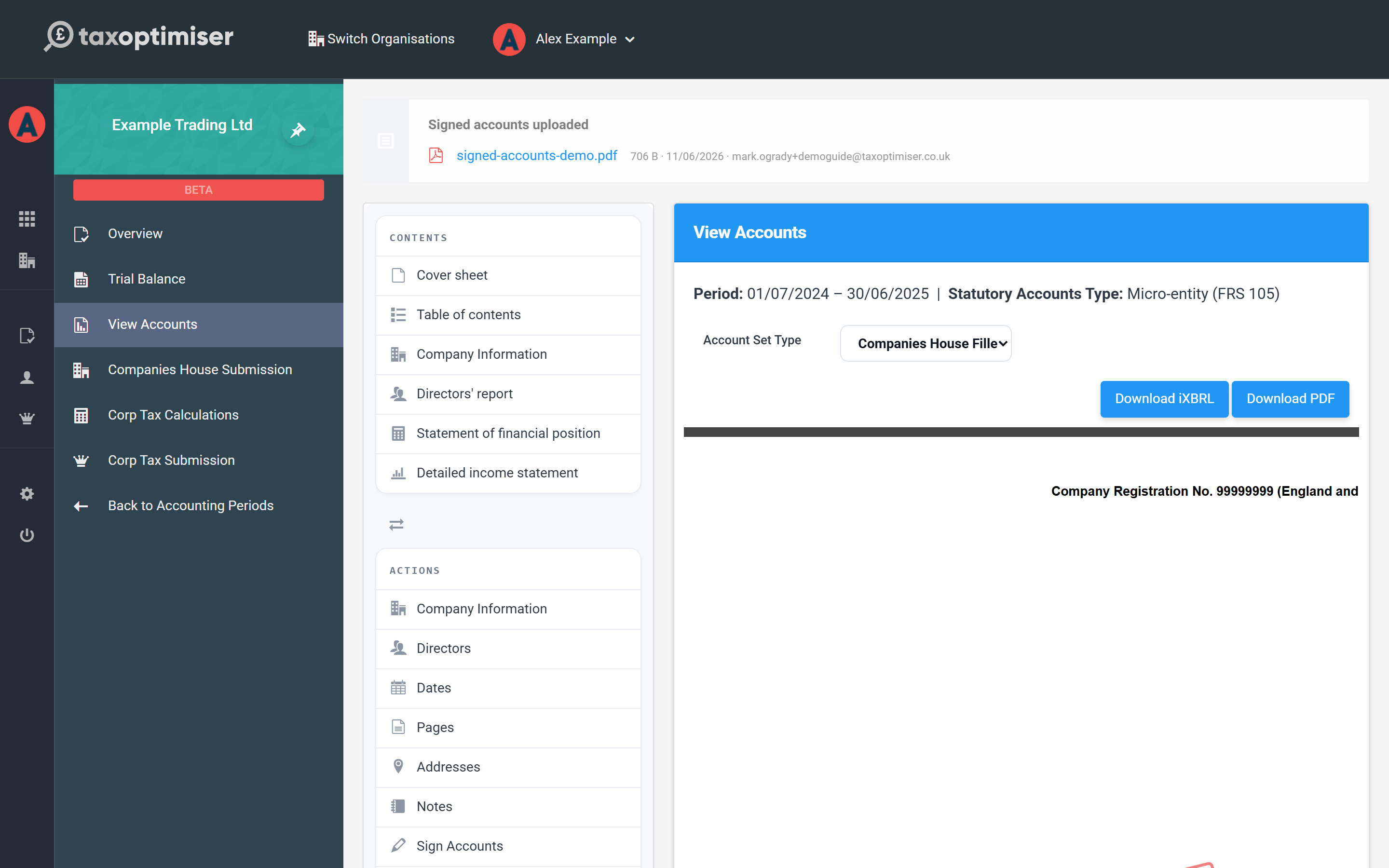 The View Accounts screen: contents and actions on the left, the live accounts preview on the right