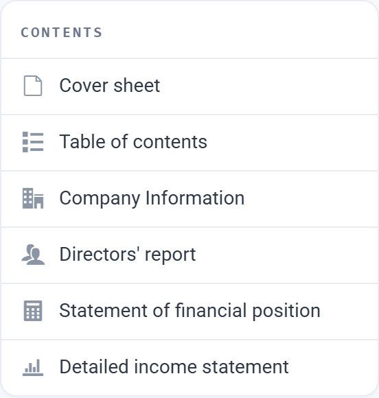 The Contents list: cover sheet, table of contents, company information, directors&rsquo; report, statement of financial position, detailed income statement