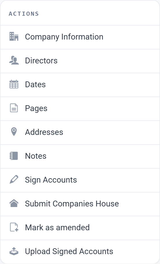 The Actions list: company information, directors, dates, pages, addresses, notes, validation, sign accounts, submit Companies House, mark as amended, upload signed accounts