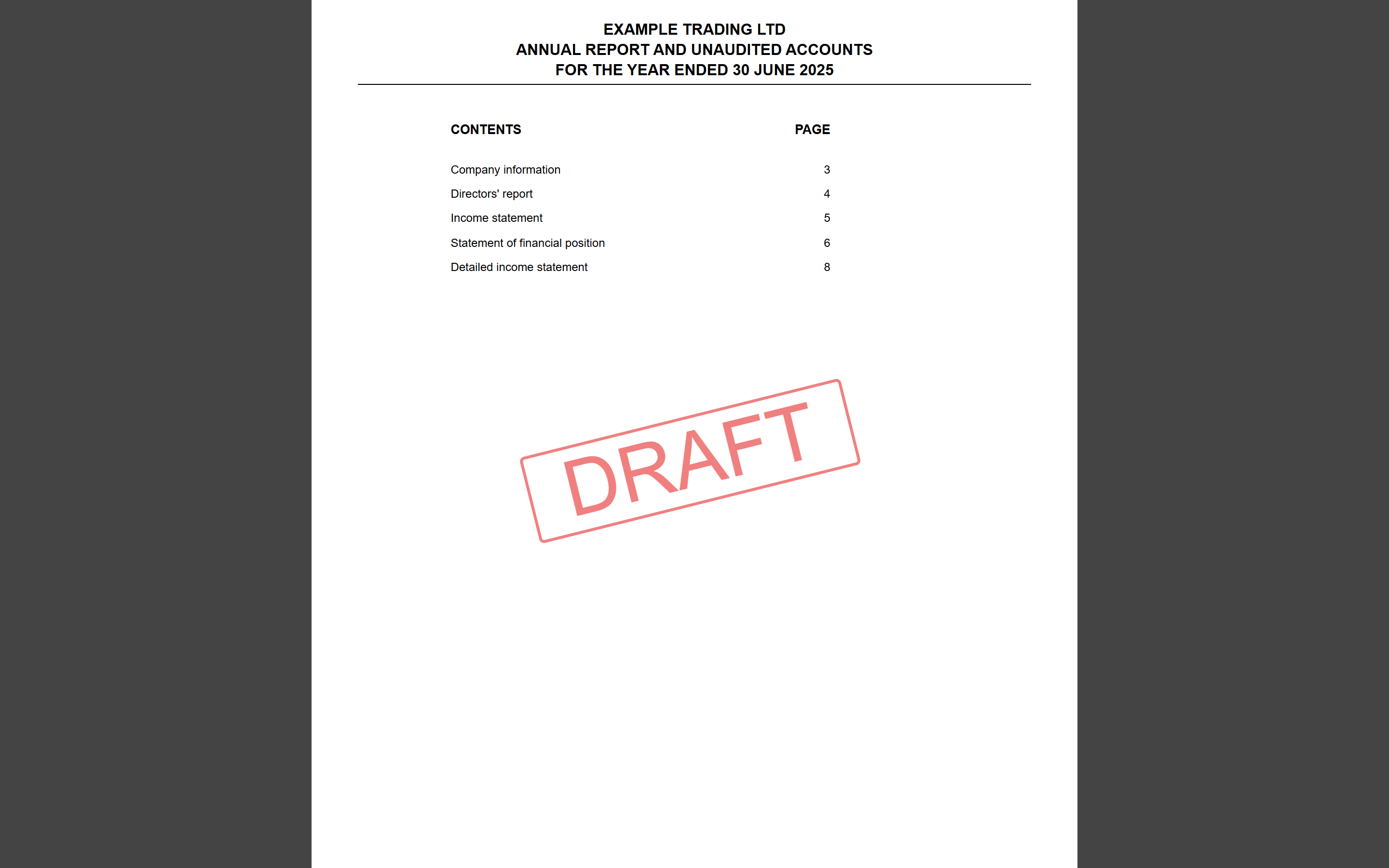 The full accounts contents page, listing company information, directors&rsquo; report, income statement, statement of financial position and detailed income statement