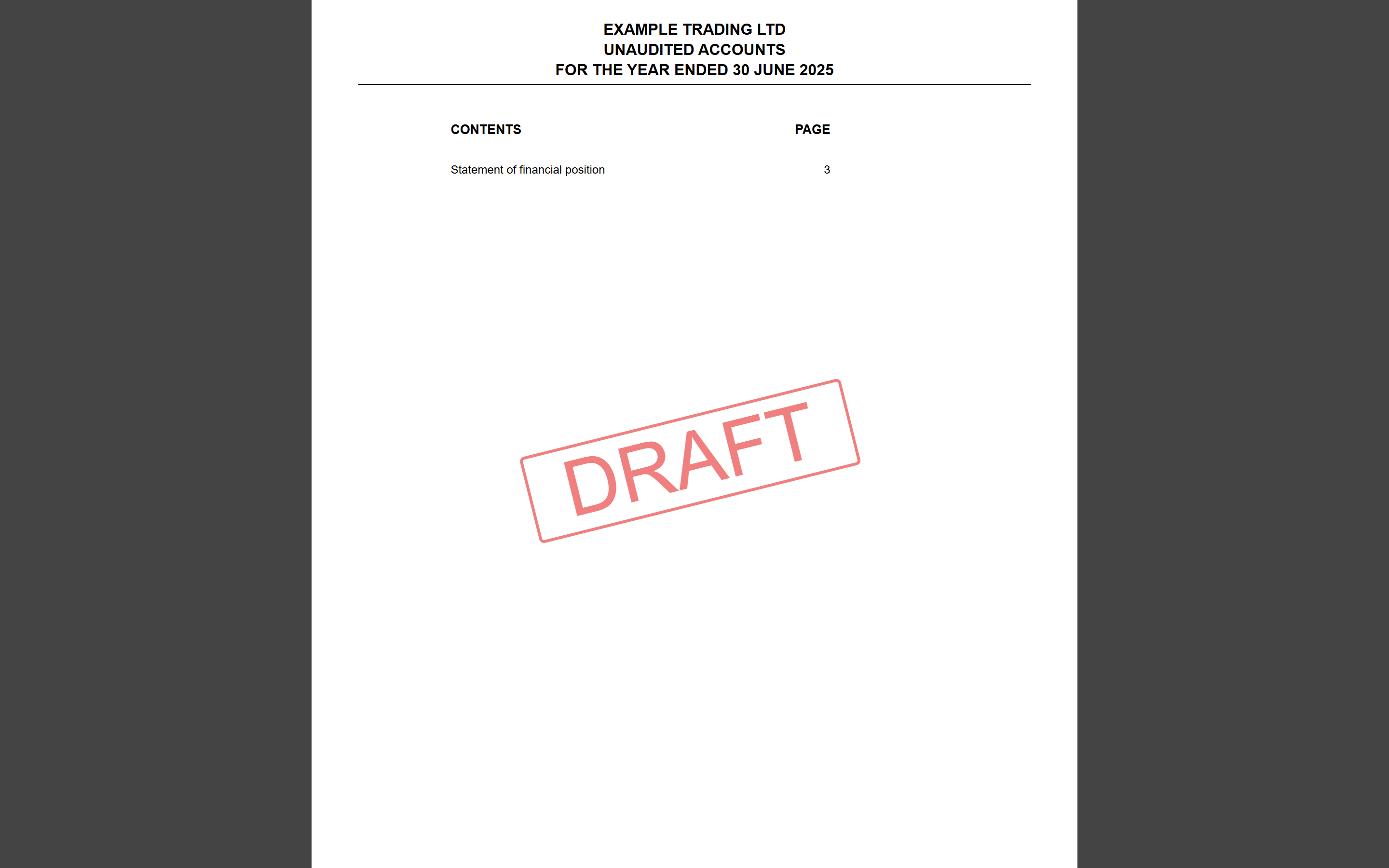 The filleted accounts contents page, listing only the statement of financial position