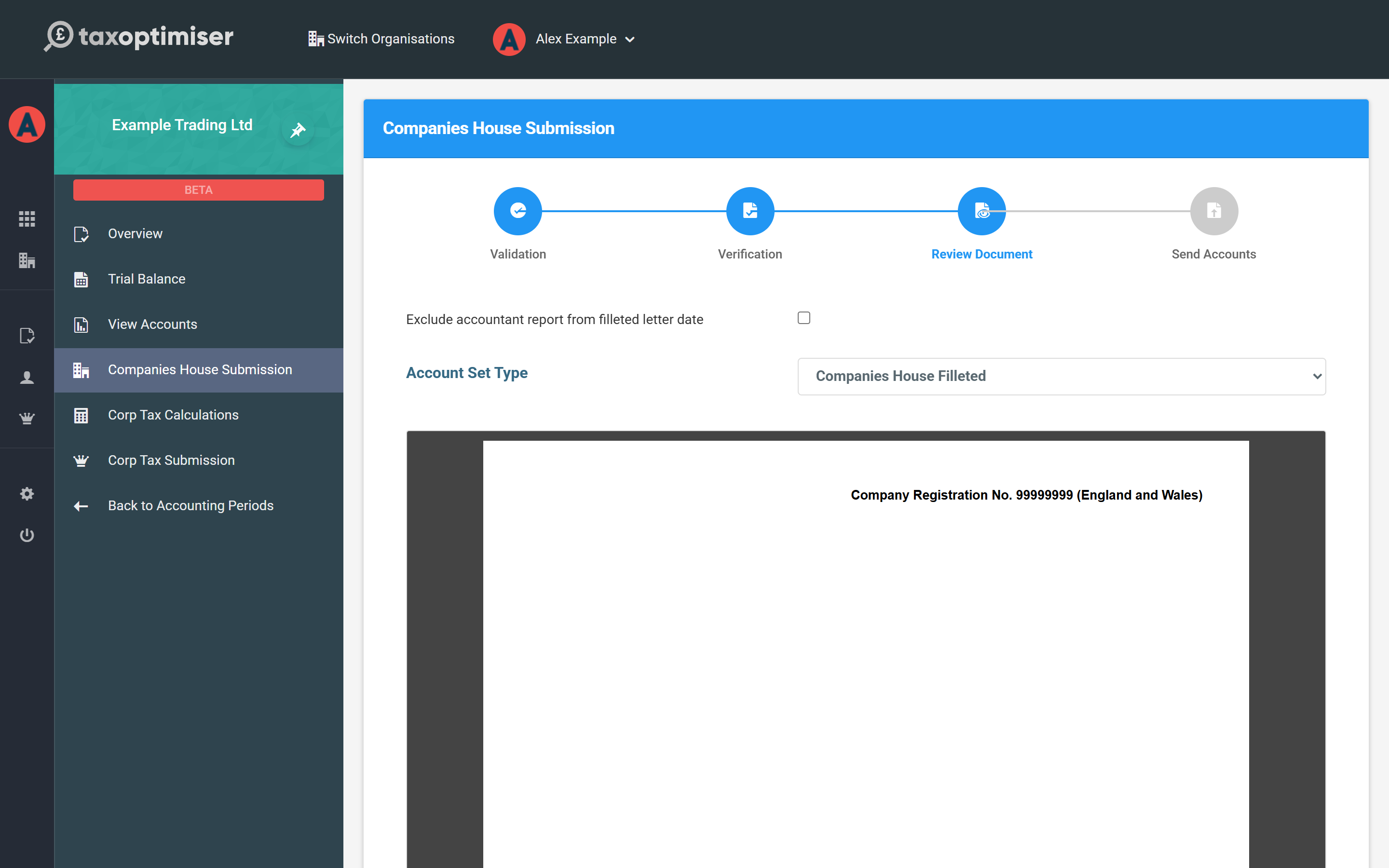 The Companies House submission wizard review step with its own Account Set Type selector