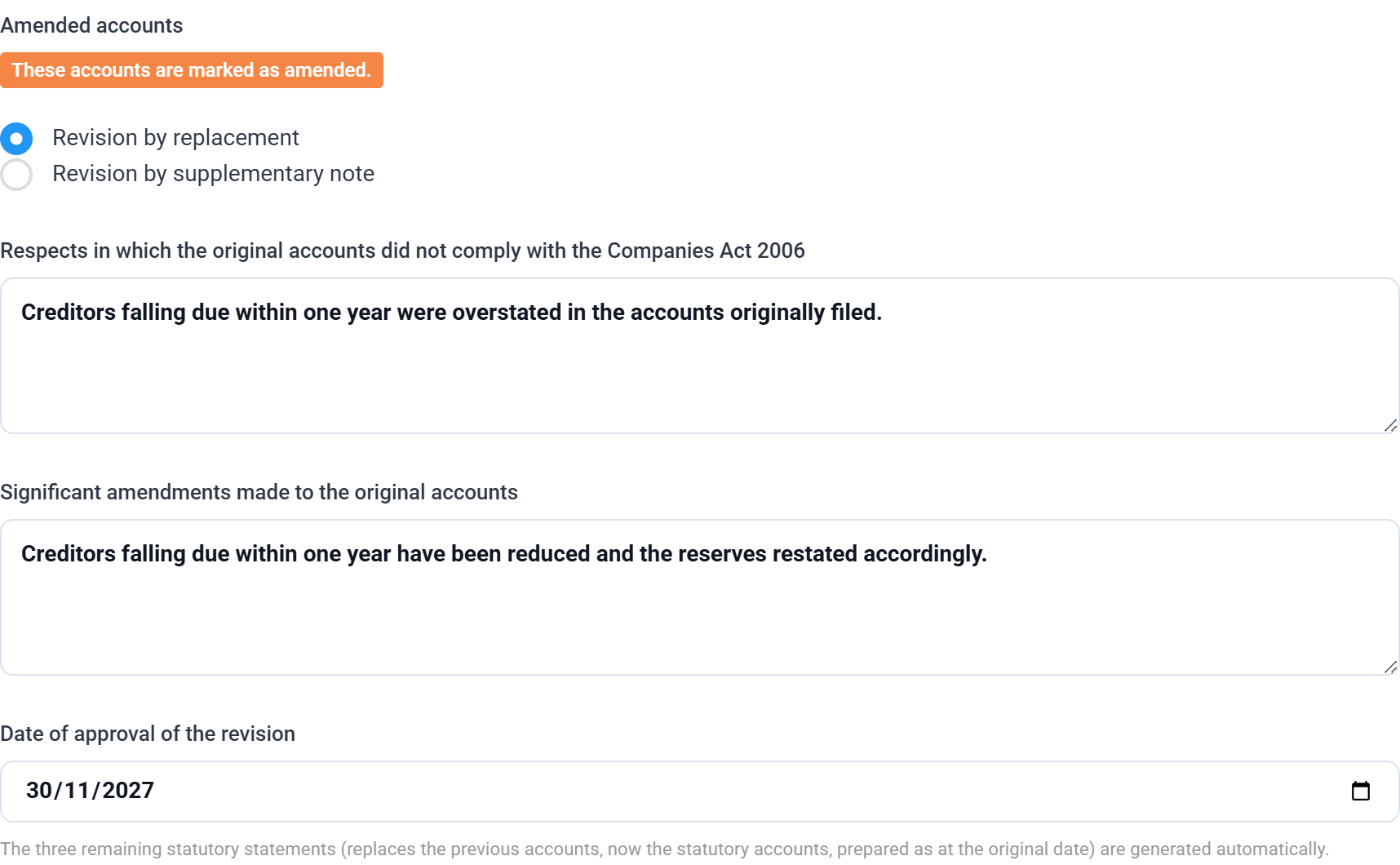 The Amended accounts section of Company Information: the two revision routes and the replacement fields