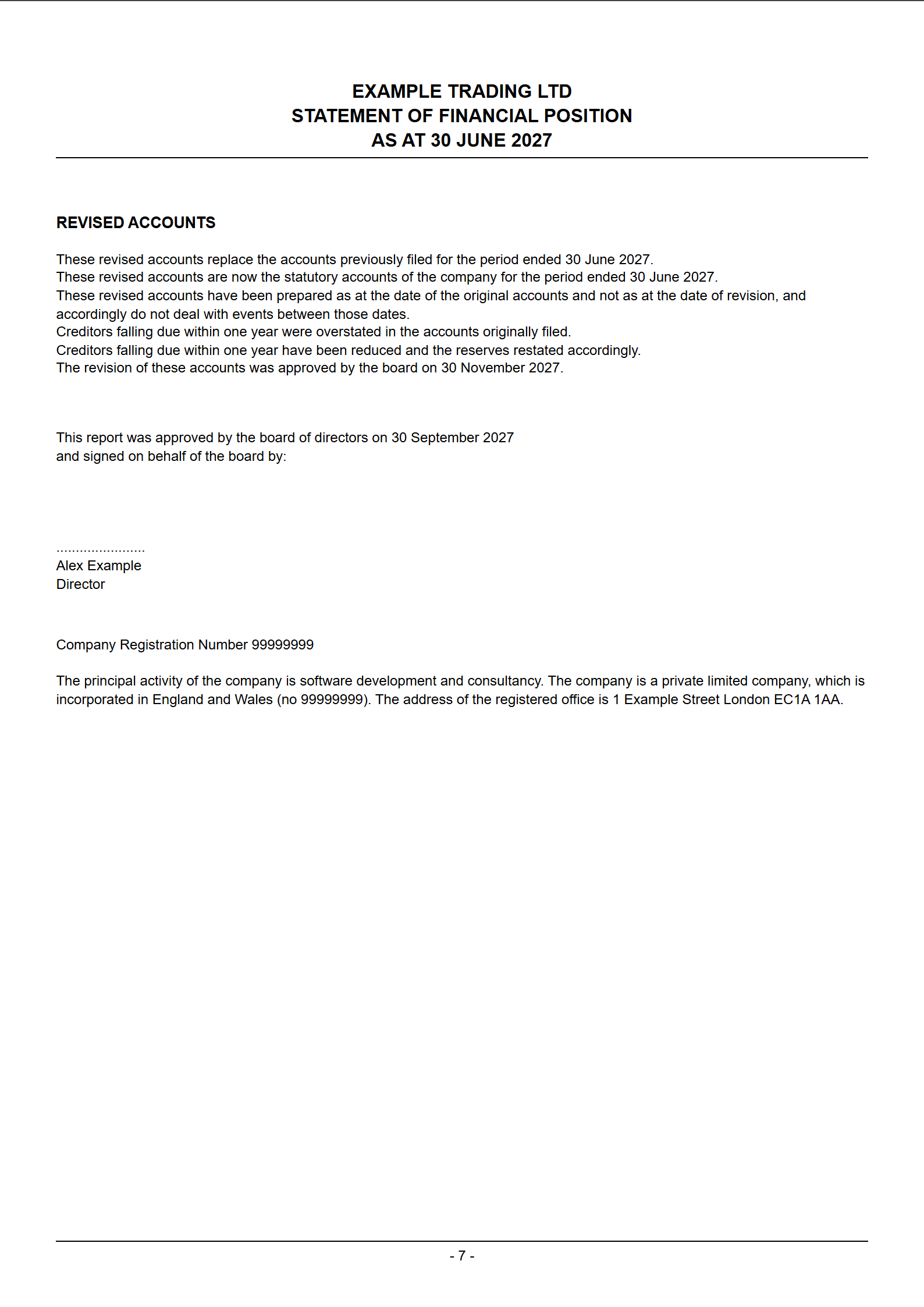 The REVISED ACCOUNTS section in the Statement of Financial Position