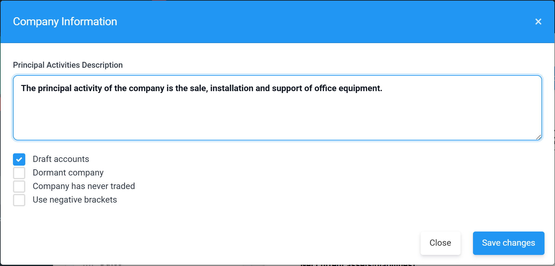The Company Information window: principal activities description and the draft, dormant, never traded and negative brackets flags