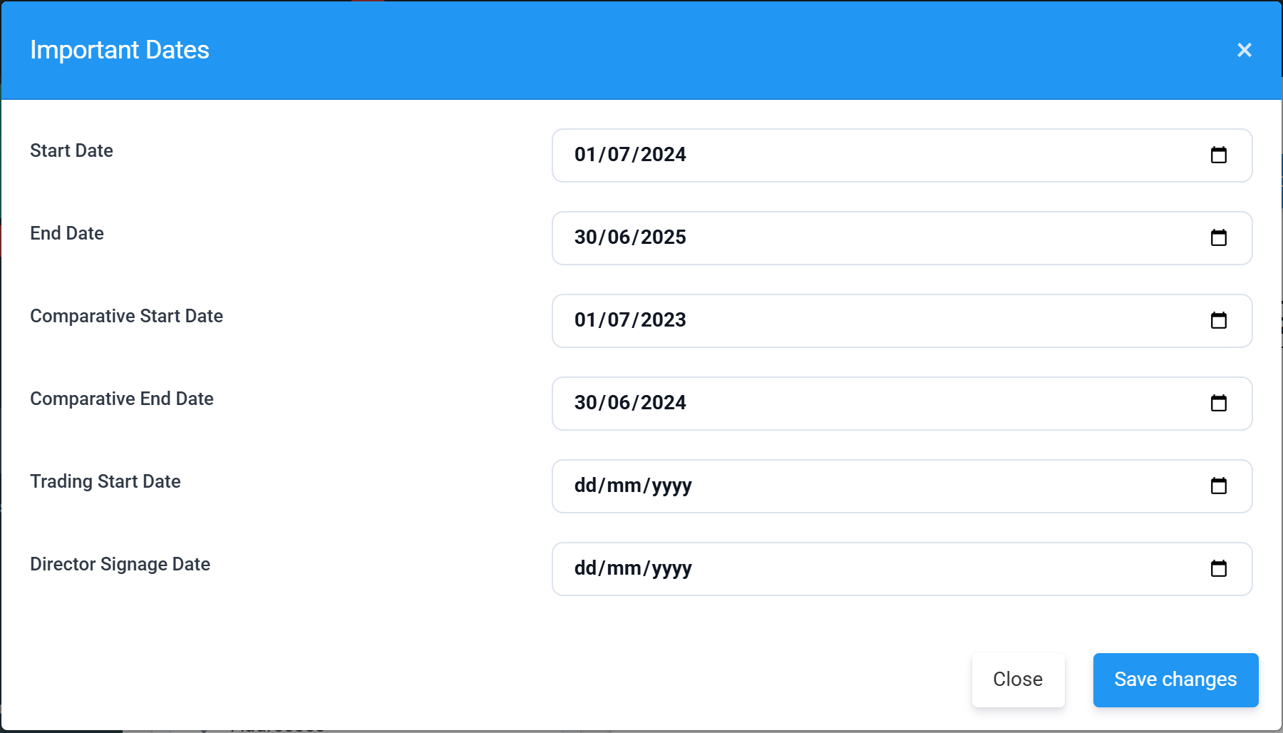 The Important Dates window: start and end dates, comparative dates, trading start date and director signage date