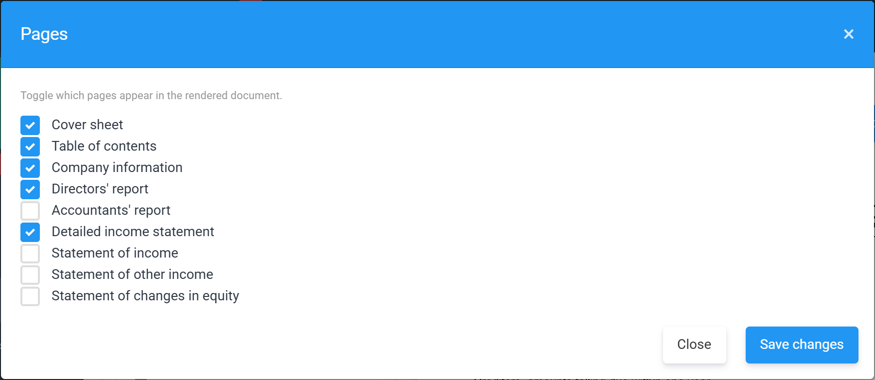 The Pages window: toggles for cover sheet, table of contents, company information, directors&rsquo; report, accountants&rsquo; report, detailed income statement and the statement pages