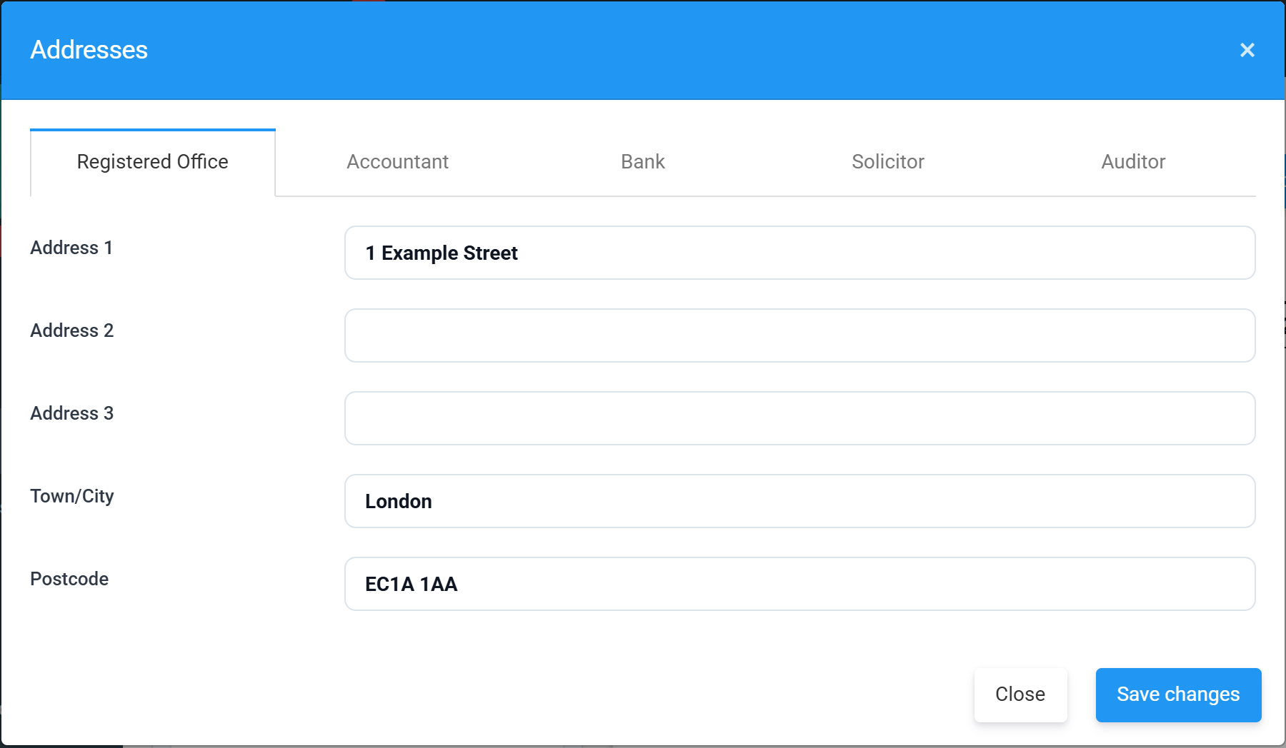 The Addresses window with tabs for registered office, accountant, bank, solicitor and auditor