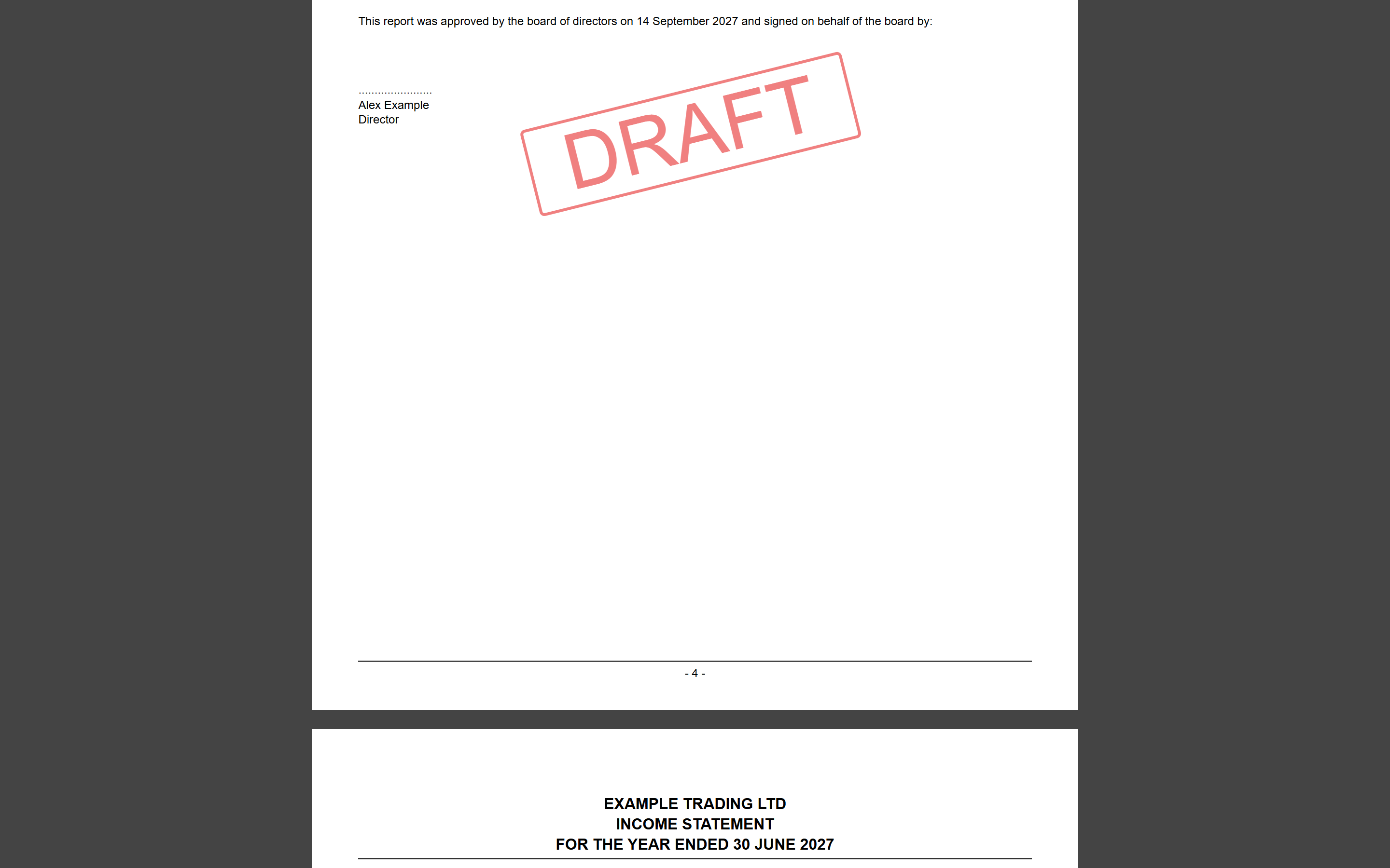 The balance-sheet approval statement: approved by the board on the signage date and signed on behalf of the board by the designated director