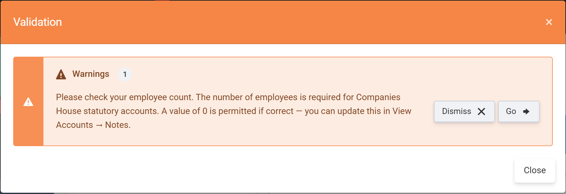 The validation warning asking you to check the employee count, with Dismiss and Go buttons