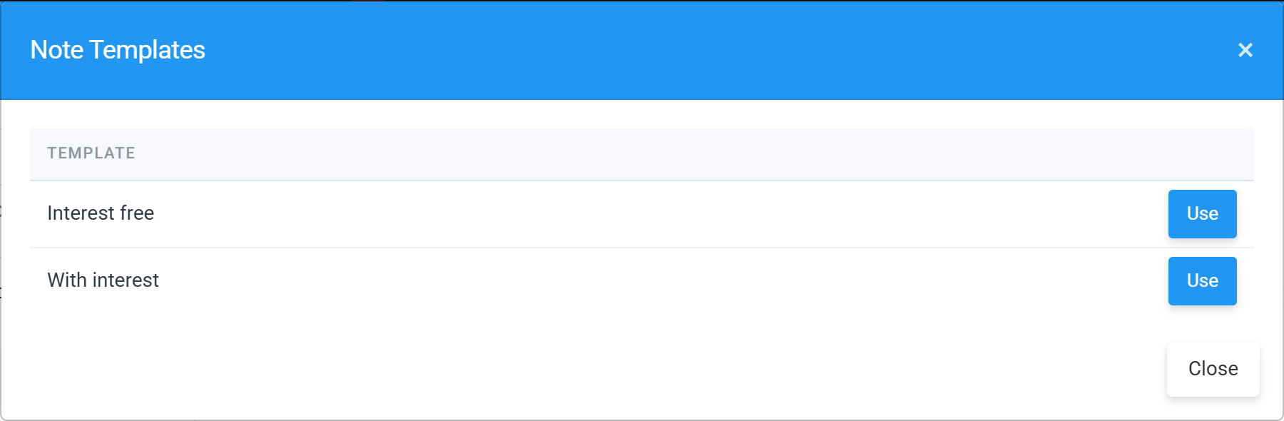 The note template picker showing two templates with a Use button against each