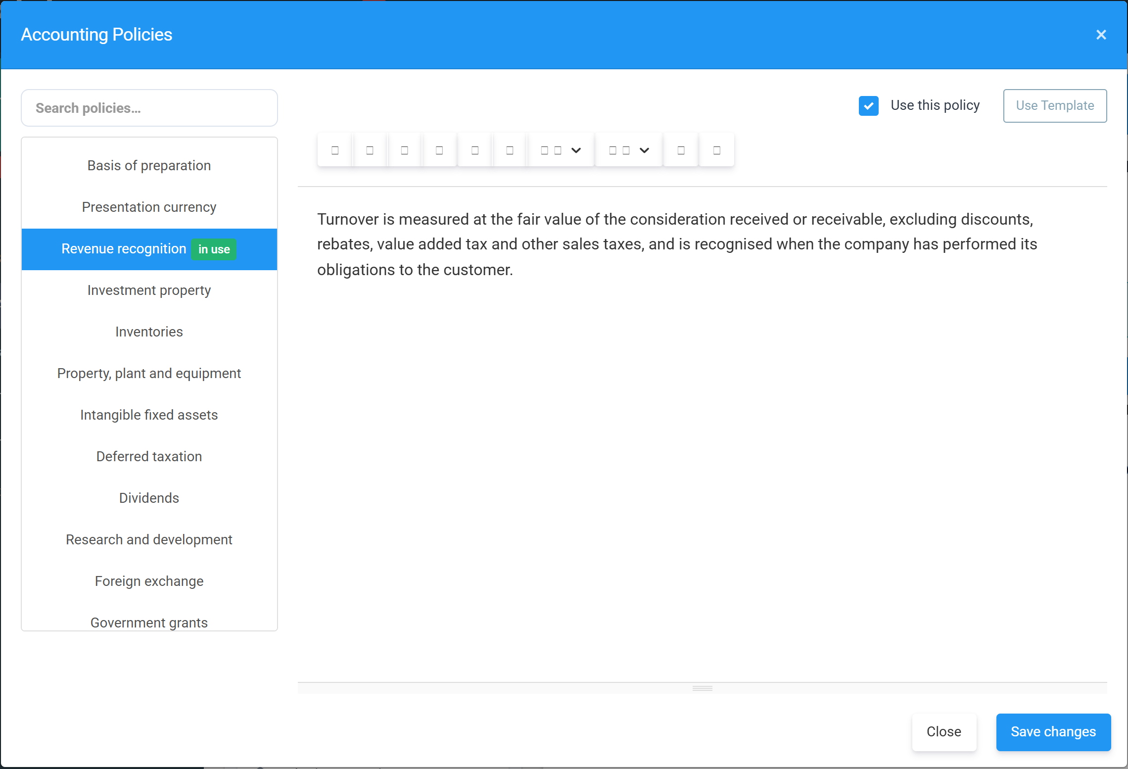The Accounting Policies window with revenue recognition selected, marked in use, and its wording in the editor