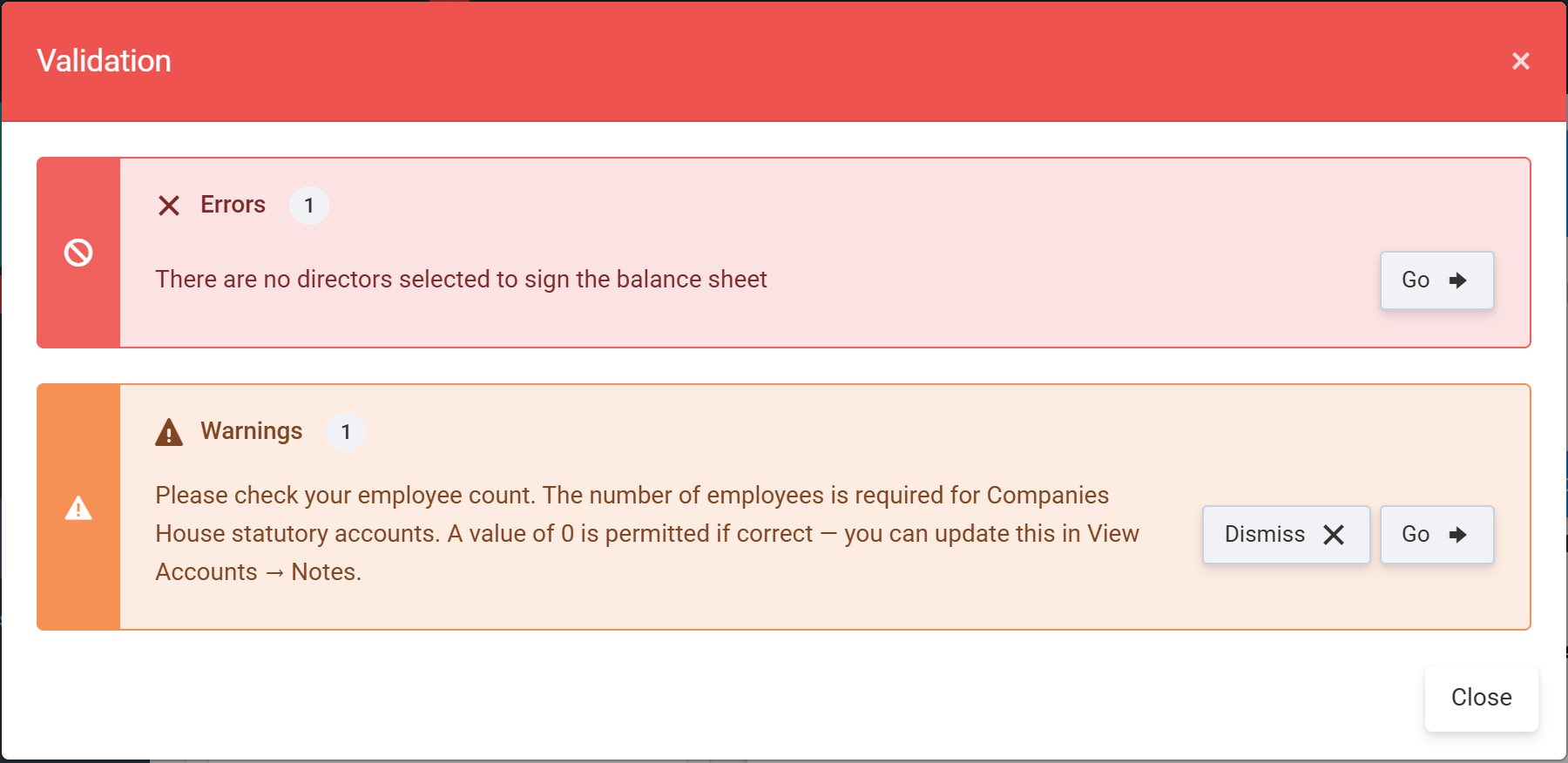 The Validation window listing warnings and errors for the period