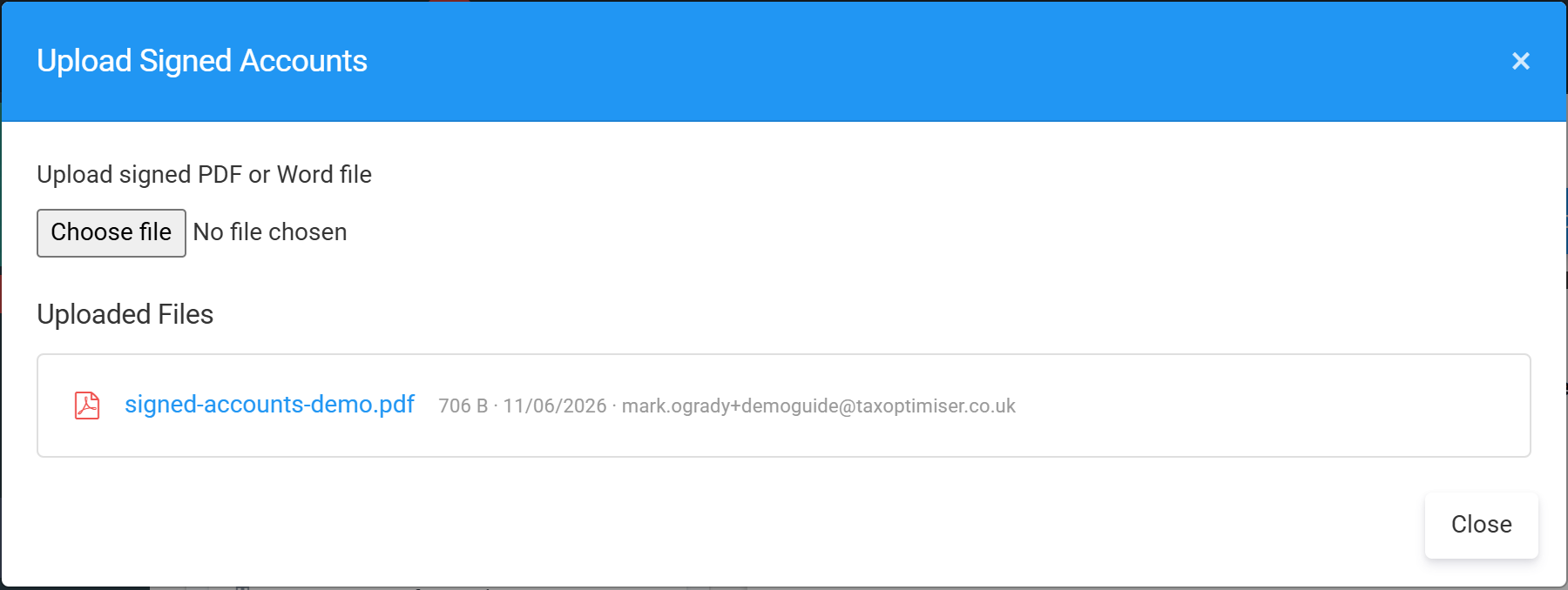 The Upload Signed Accounts window with one uploaded PDF listed