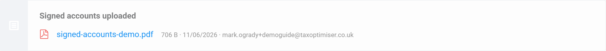 The signed-accounts banner at the top of View Accounts listing the uploaded file