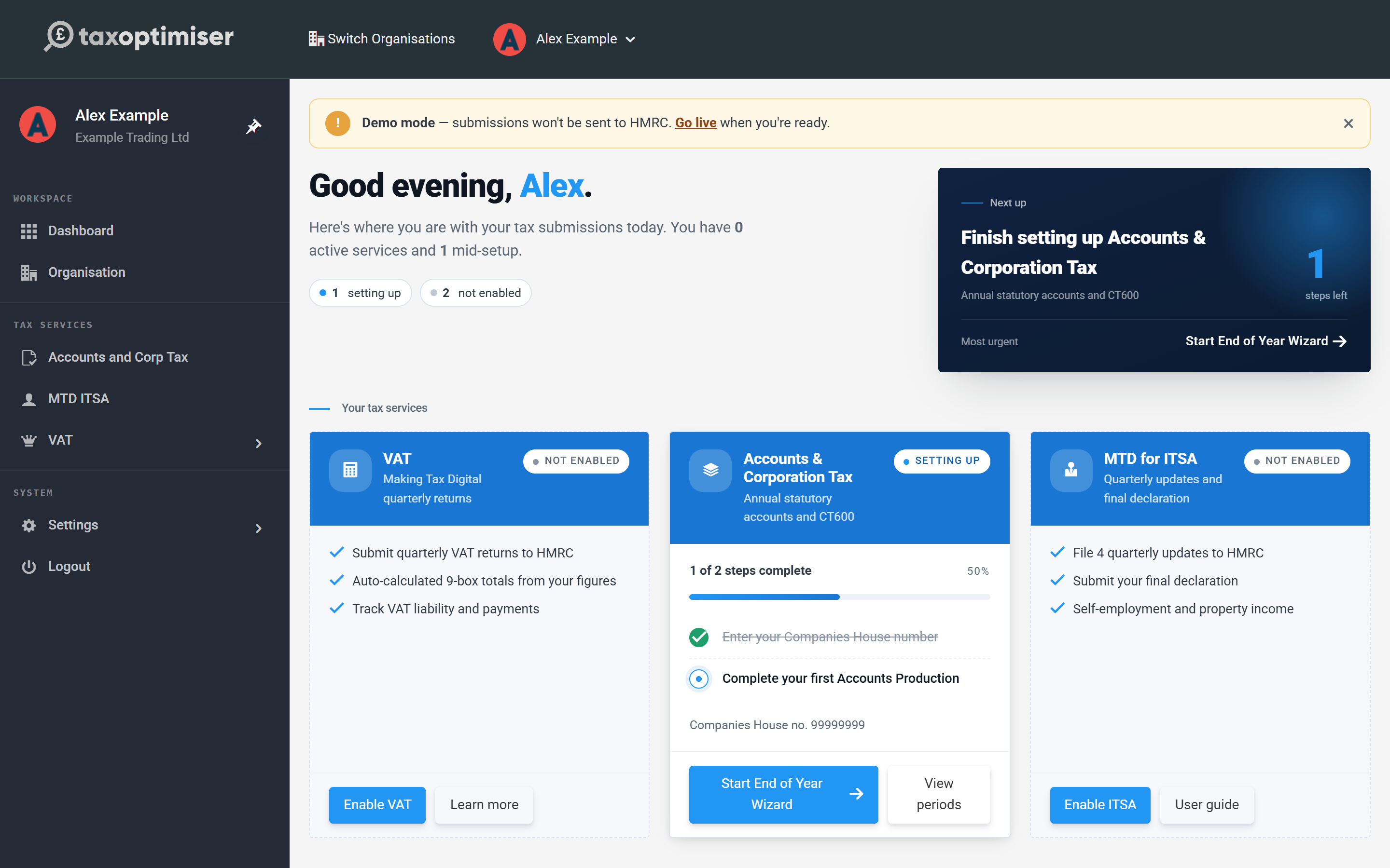 Dashboard with the Accounts & Corporation Tax card in setting-up state, showing the setup checklist and the Start End of Year Wizard button