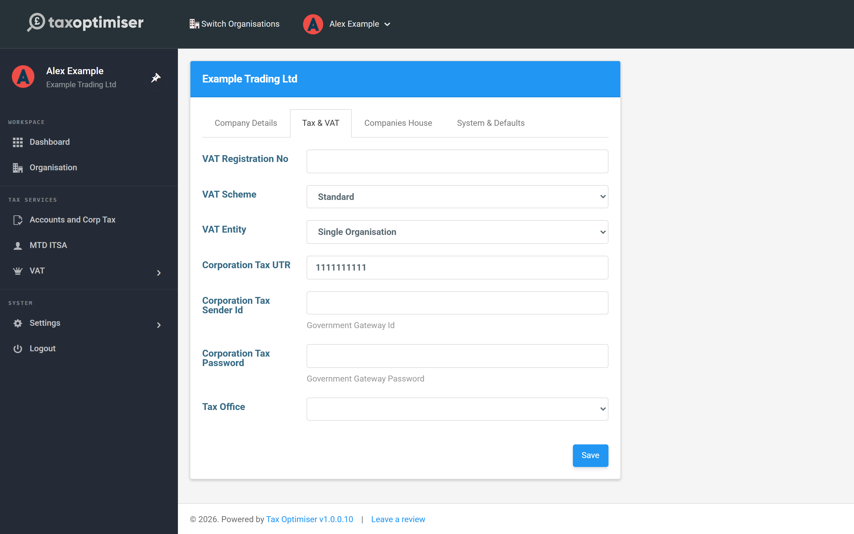 Organisation settings, Tax & VAT tab, with the Corporation Tax UTR field