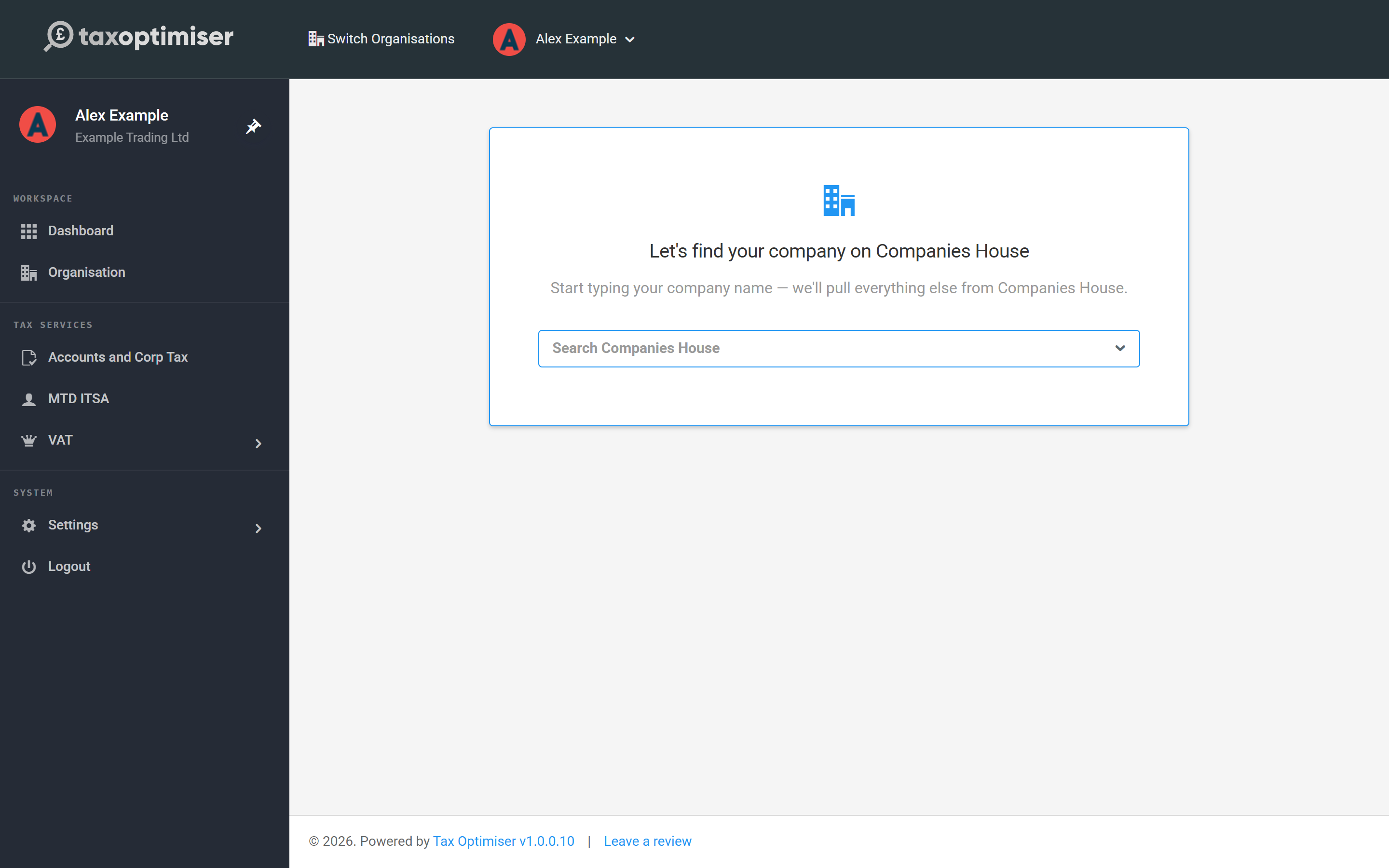The End of Year Wizard Companies House search step