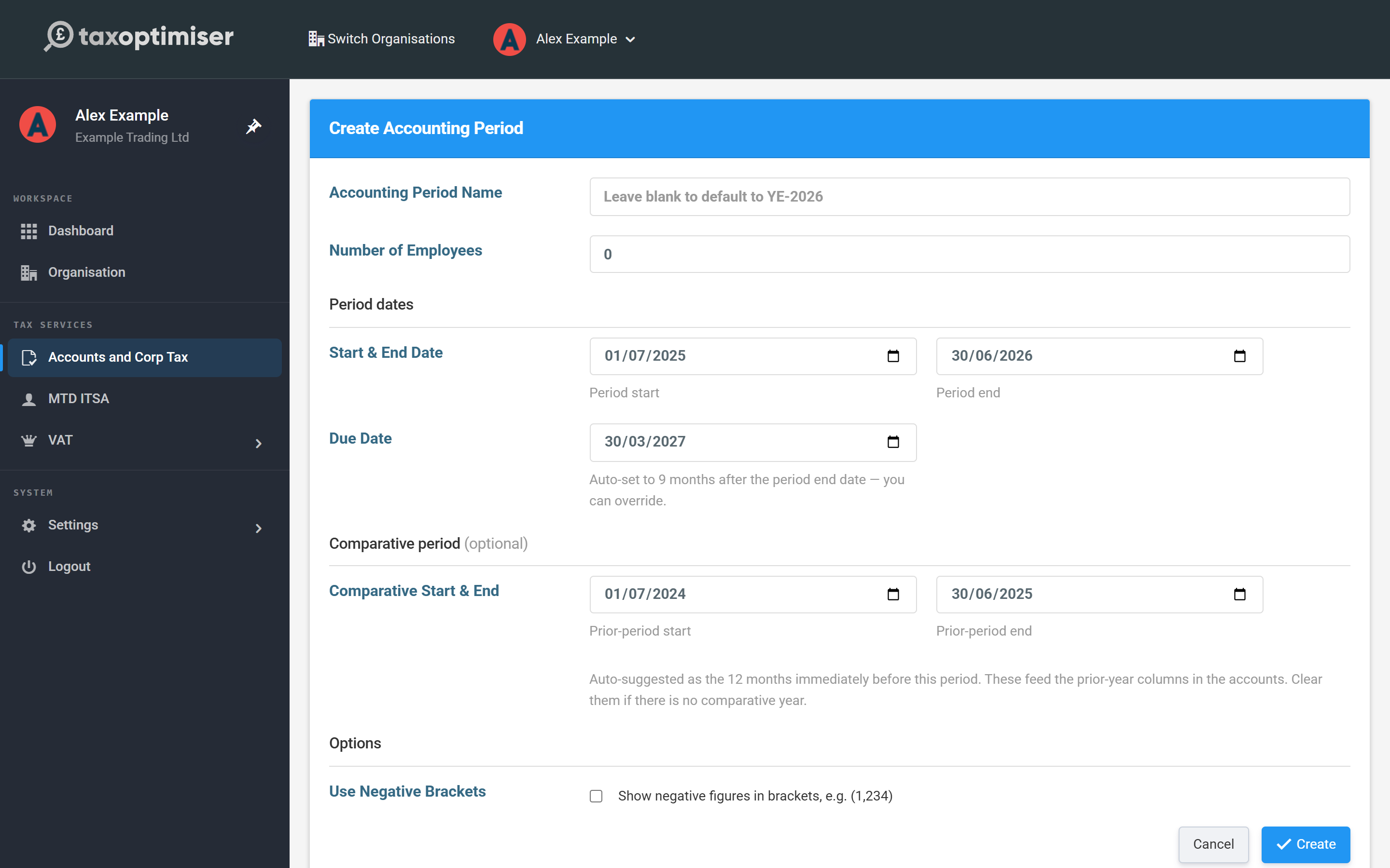 The Create Accounting Period form with period dates, due date and comparative period