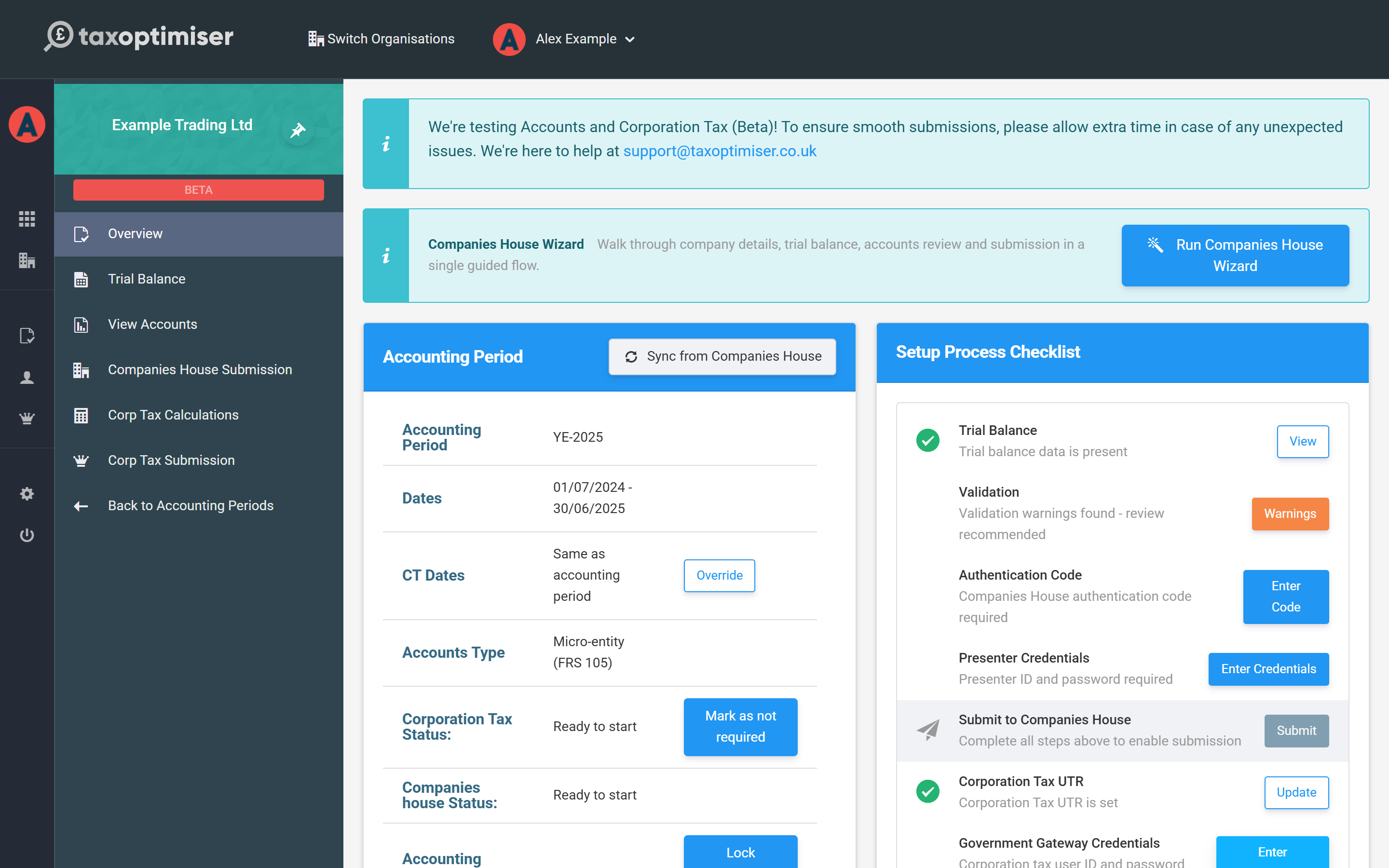 The accounting period overview with the setup process checklist