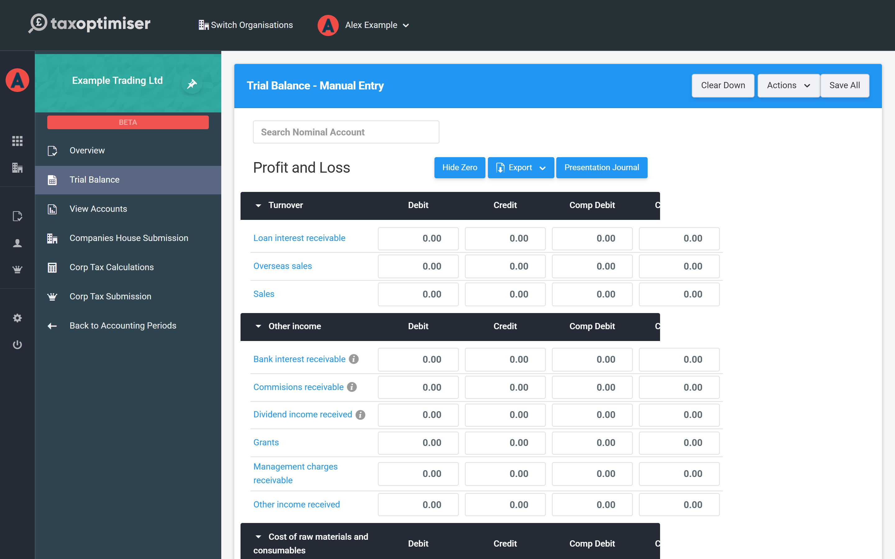 The manual trial balance entry grid, organised by statutory account headings