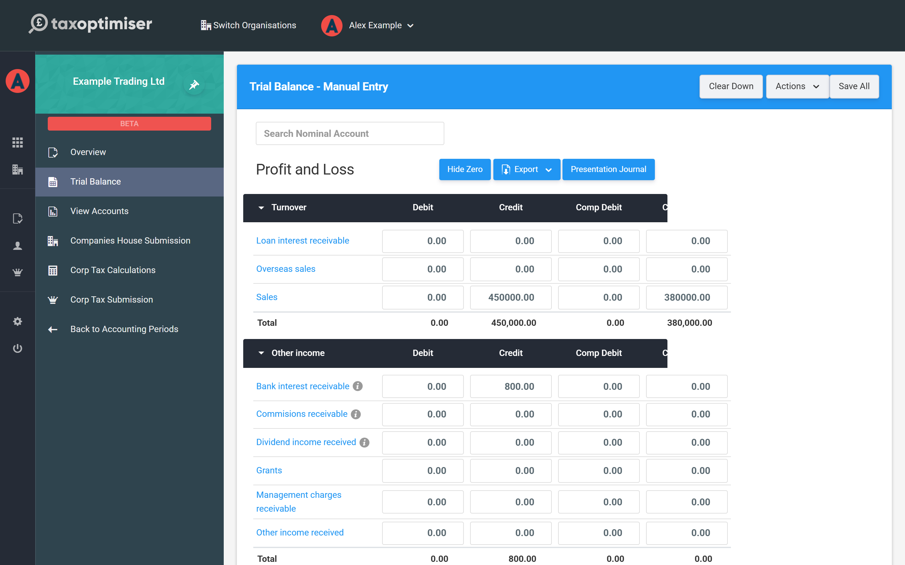 The trial balance grid with sales and other figures entered, showing per-section totals