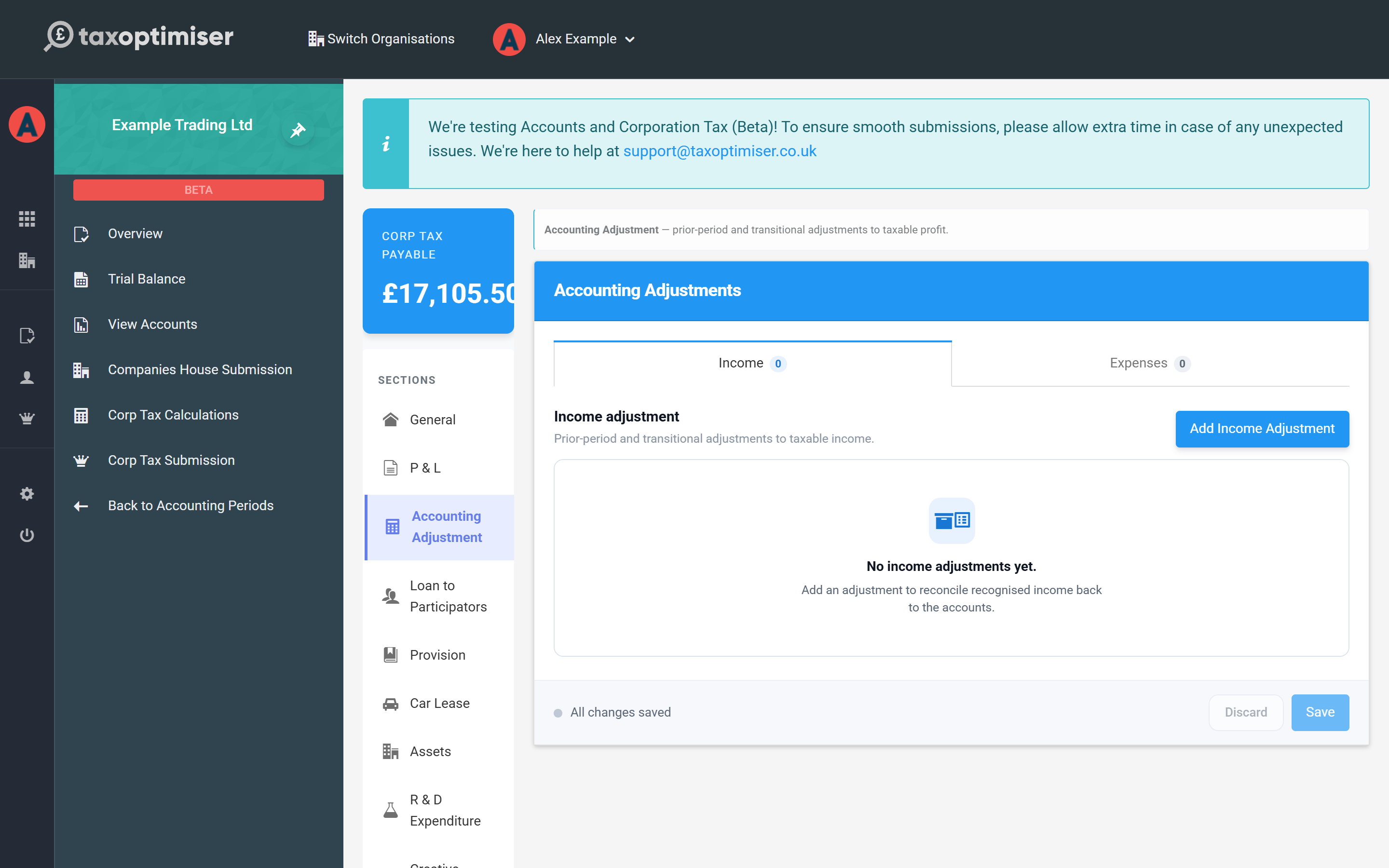 The Accounting Adjustments section with income and expenses tabs