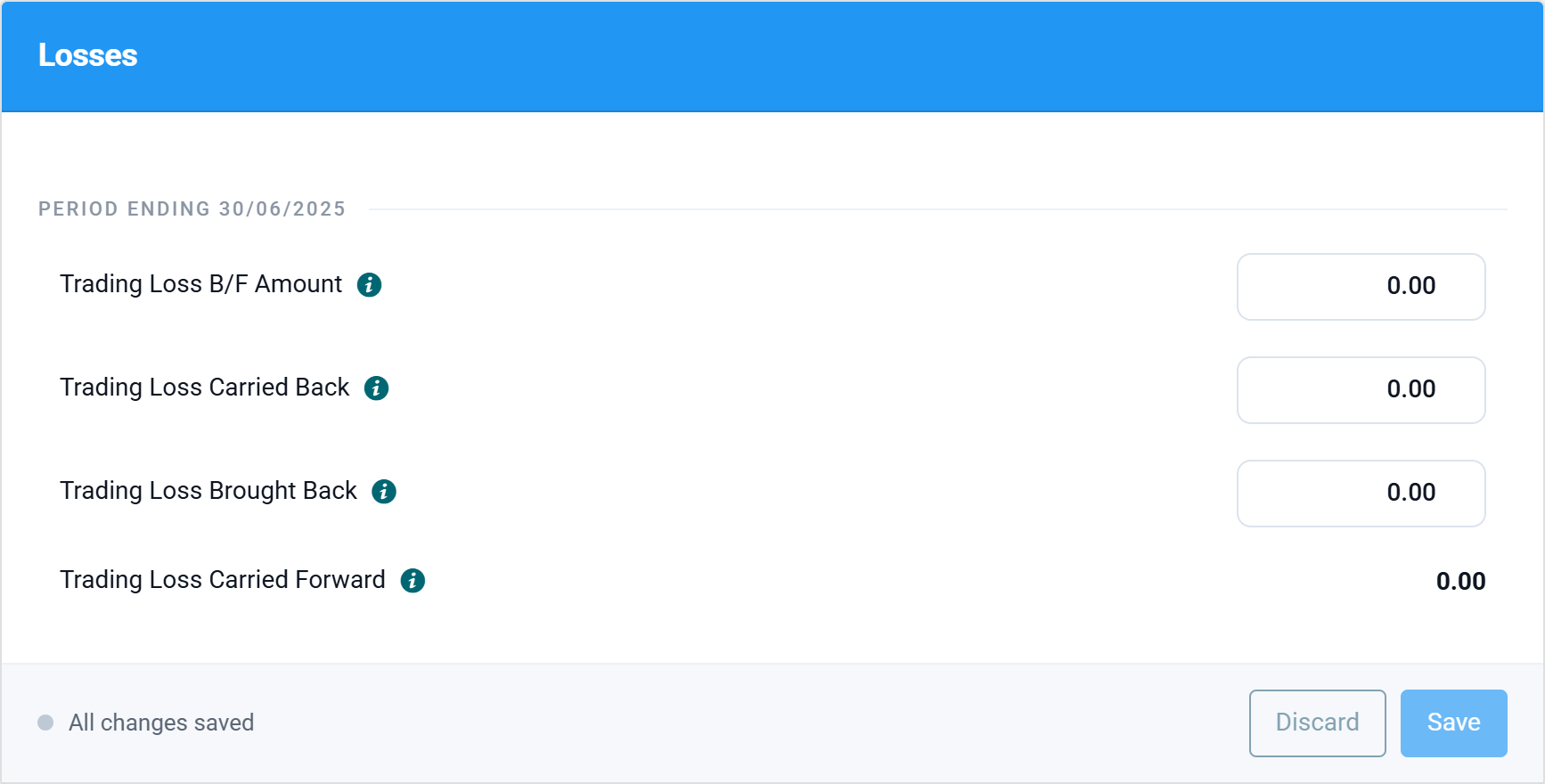 The Losses section with brought-forward, carried-back, brought-back and carried-forward fields