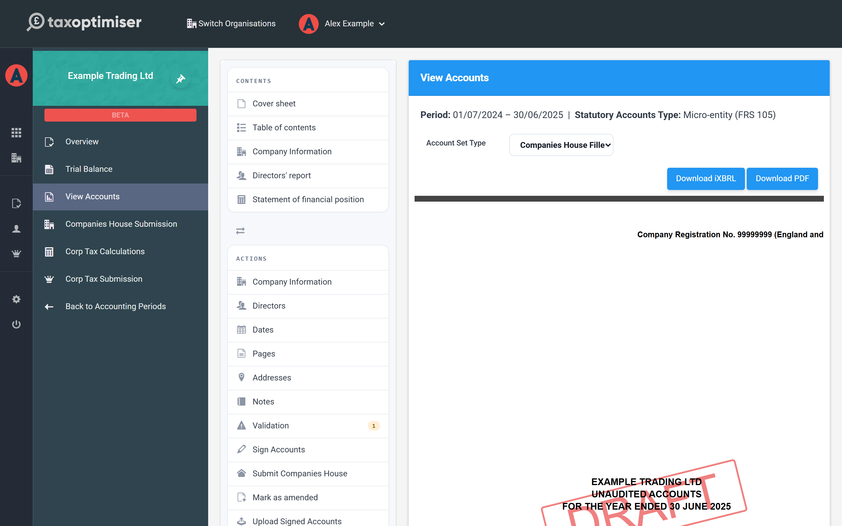 View Accounts showing the draft statutory accounts with contents and actions panels