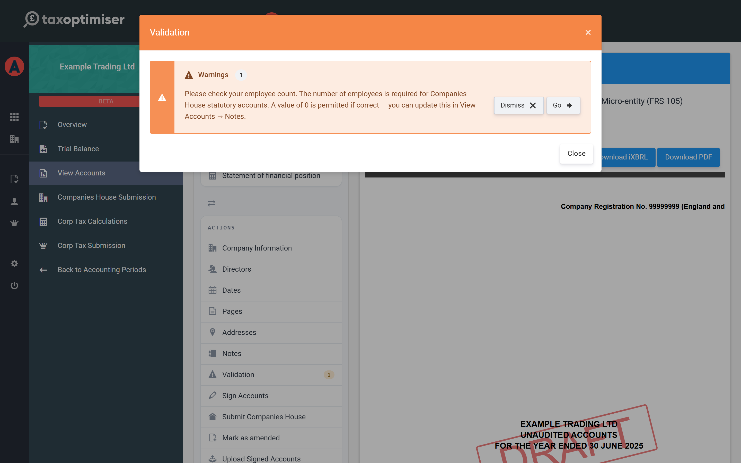 The validation panel showing a warning about the employee count with dismiss and go actions