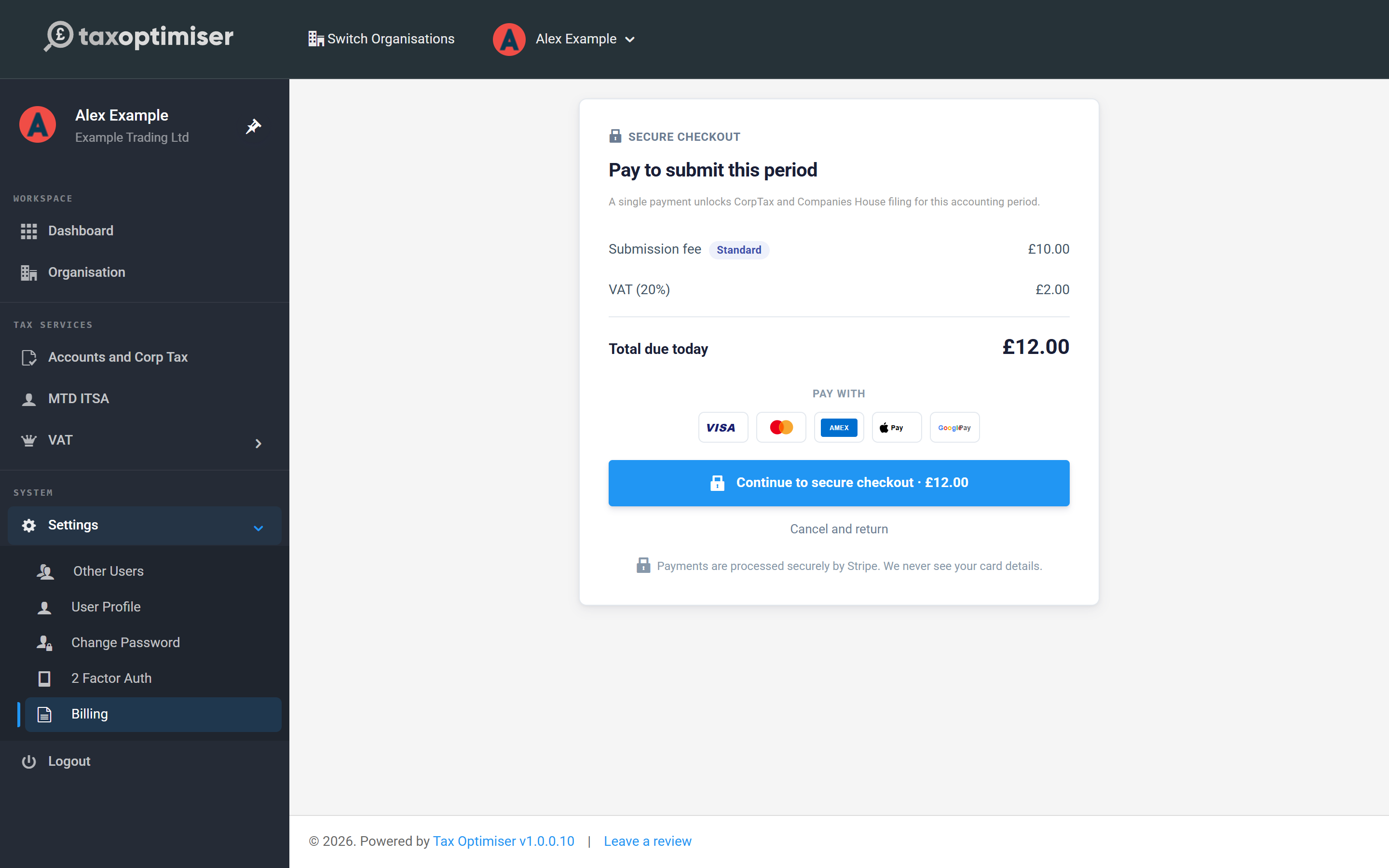 The secure checkout page for the per-period submission fee
