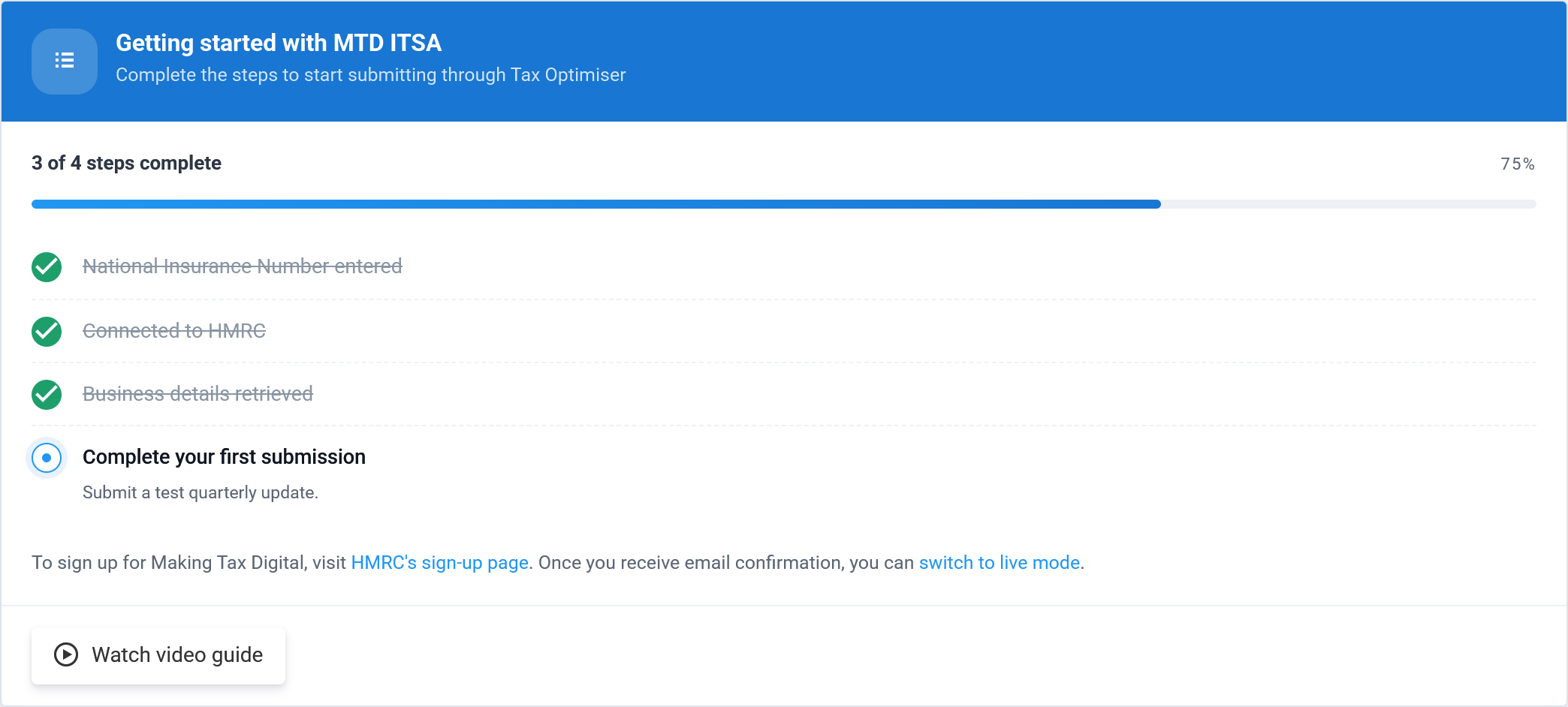 The Getting started with MTD ITSA checklist: National Insurance Number, connect to HMRC, retrieve businesses, first submission