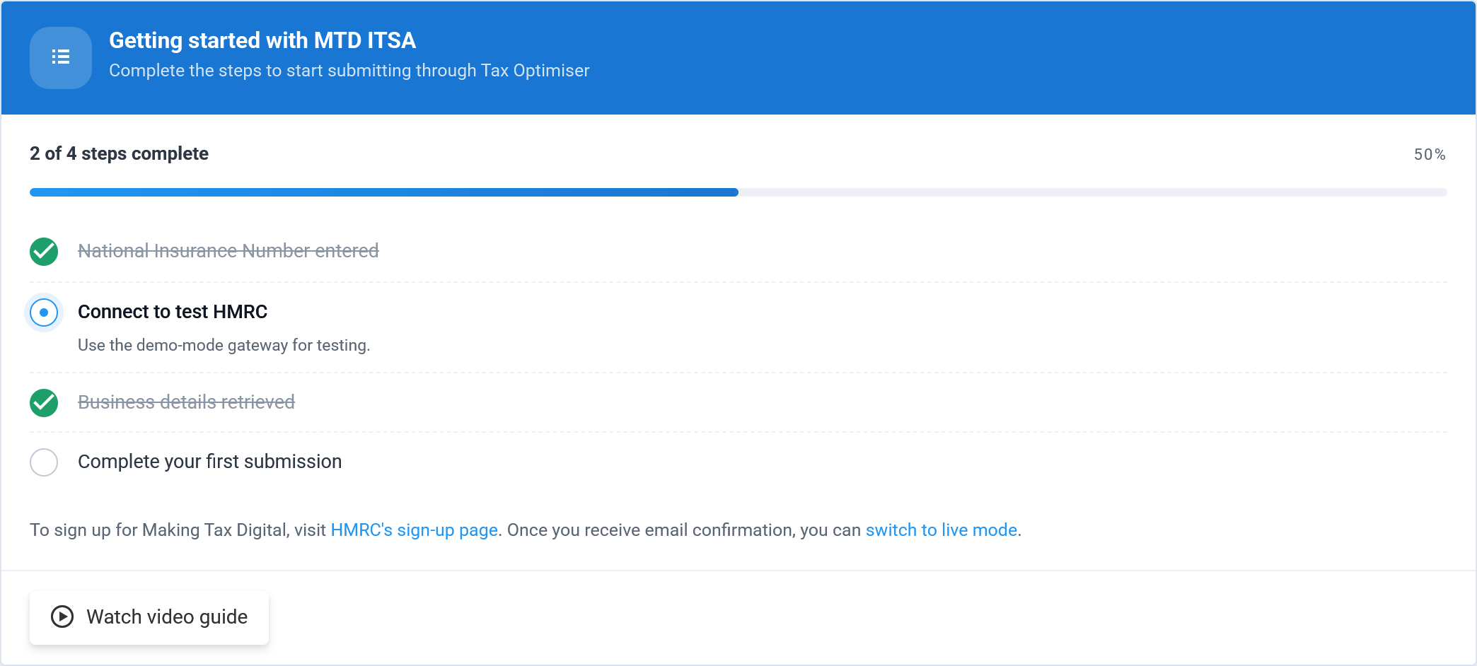 The dashboard checklist with the Connect to HMRC step active