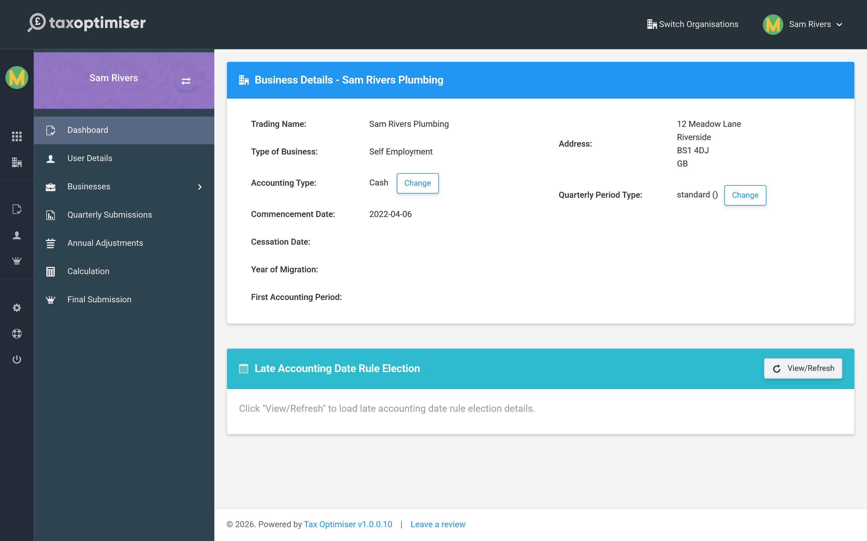 A self-employment business detail page showing accounting type, commencement date, quarterly period type and the late accounting date election card