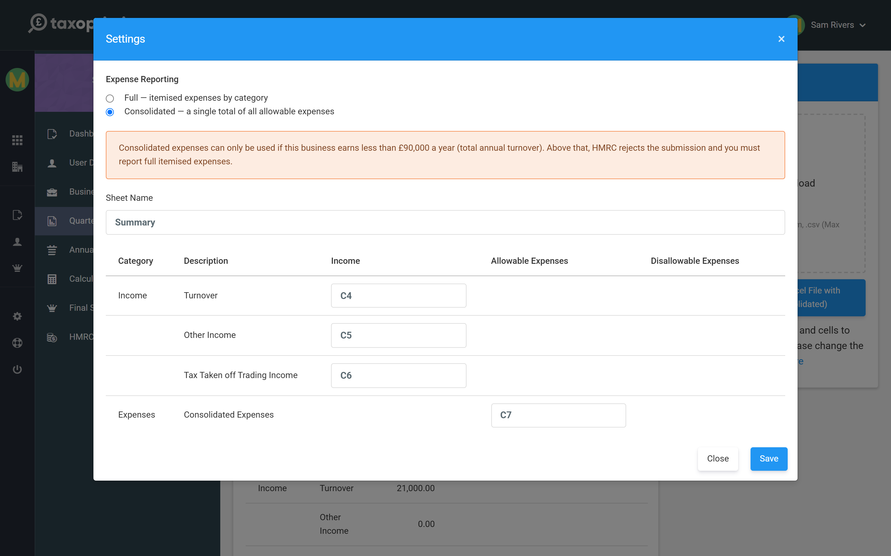 The settings dialog with Consolidated selected, showing the Â£90,000 warning and the single Consolidated Expenses cell mapping