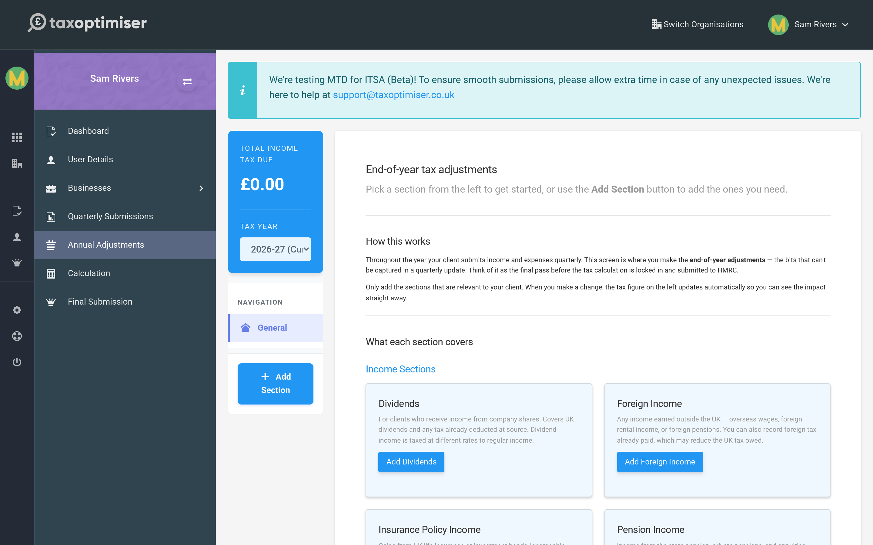 The end-of-year tax adjustments screen with sections for dividends, foreign income, pensions and more, and a running income tax total