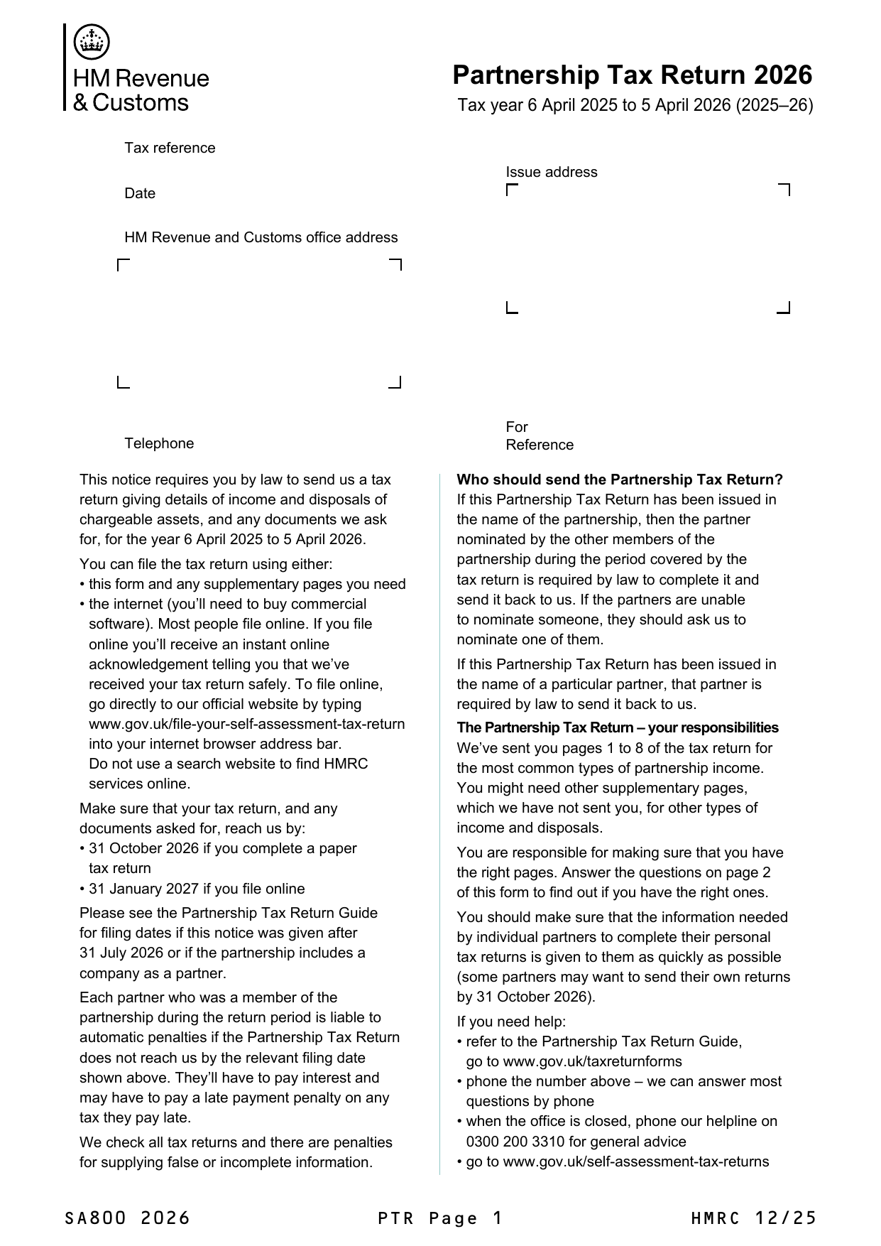 Page 1 of the official SA800 form populated with the partnership's details and figures