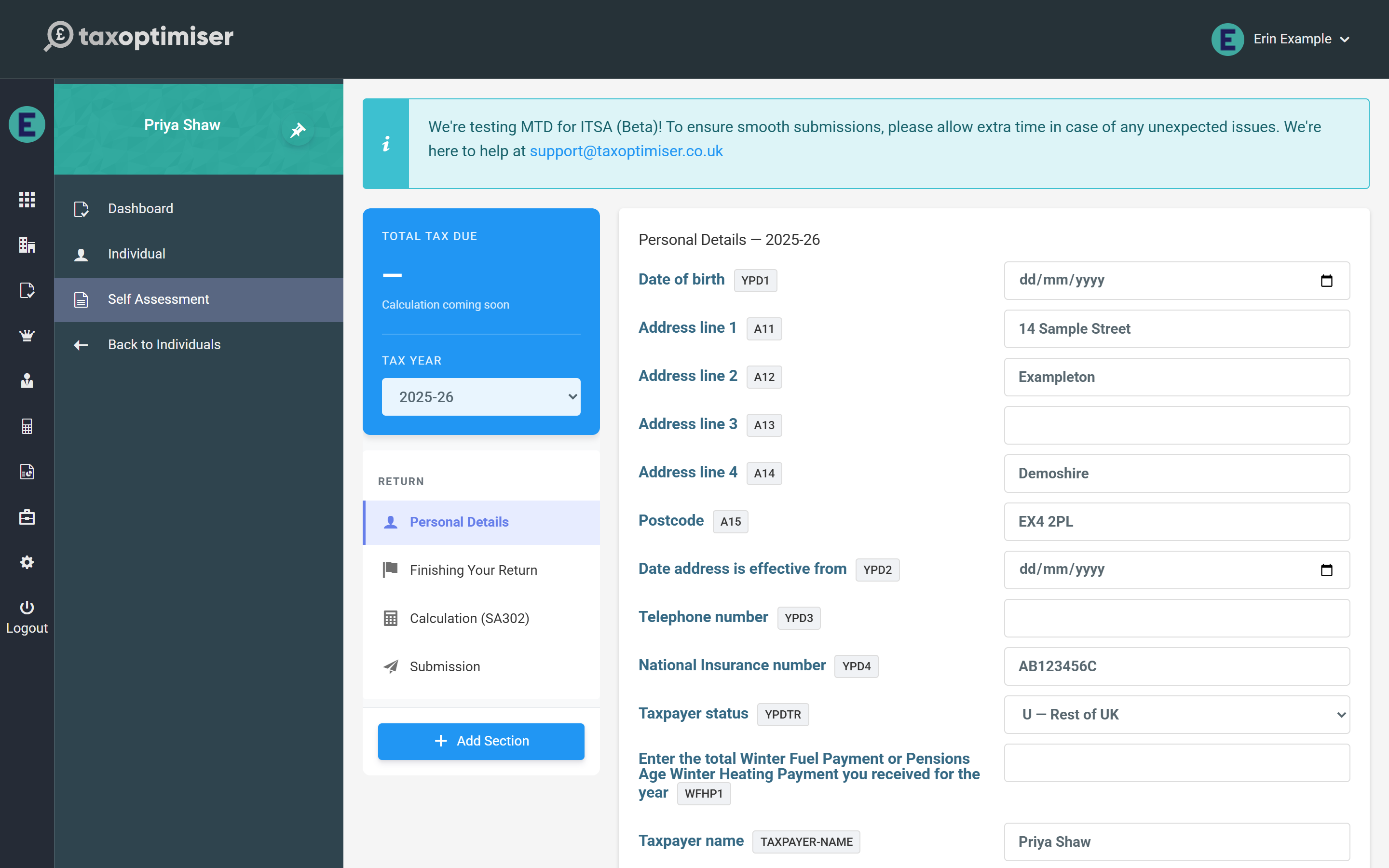 The Self Assessment screen on first open: Personal Details pre-filled from the client record, the return sections on the left and the tax year selector
