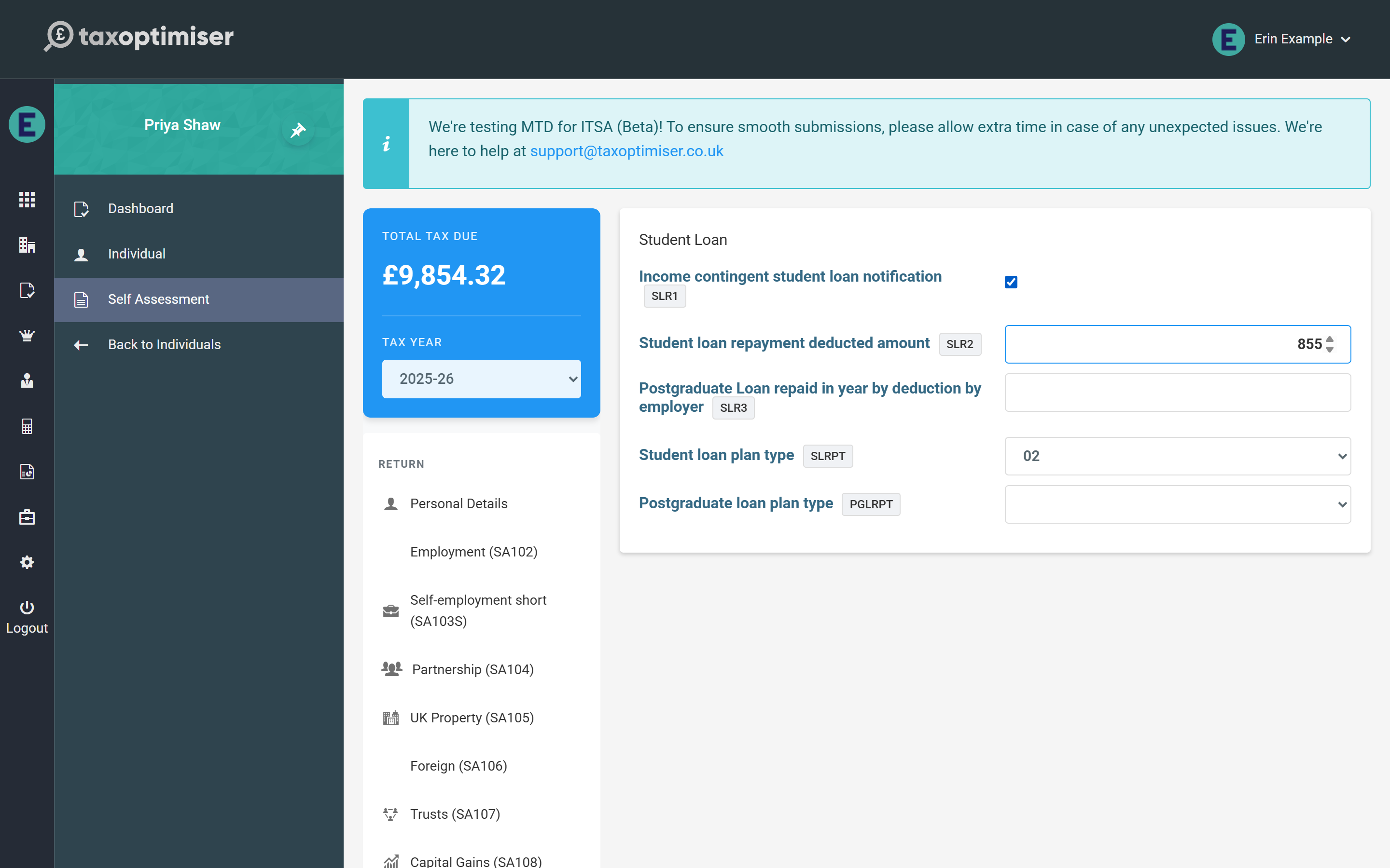 The Student Loan section: notification, plan type and amount already deducted through PAYE