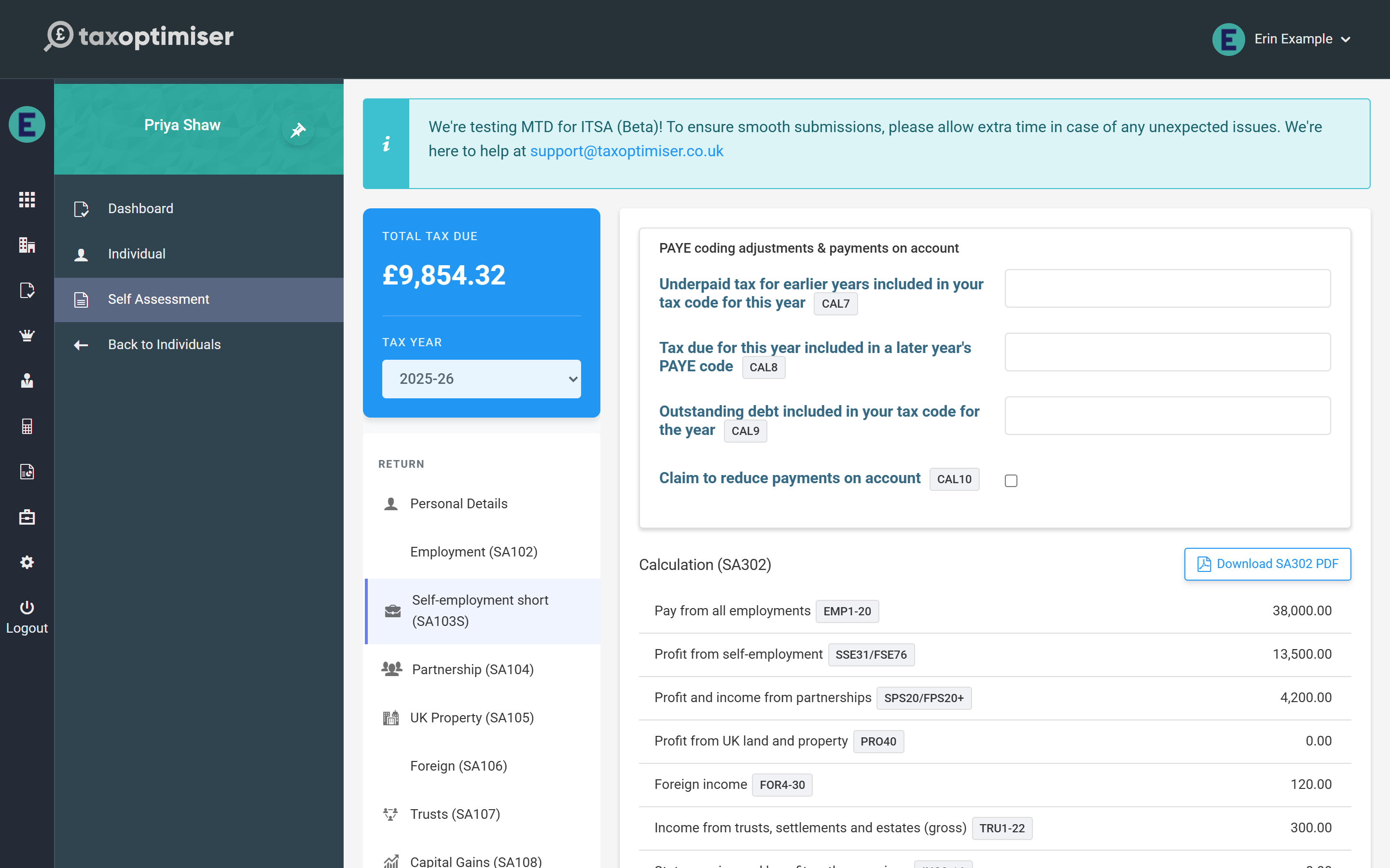 The Calculation section: income by type with box references, allowances, Income Tax, Class 4 NIC, student loan, tax deducted, the balancing payment and payments on account