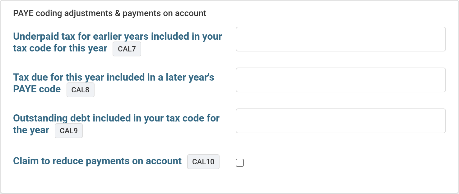 The PAYE coding adjustments and payments on account card at the top of the Calculation section: the underpaid tax, later-year code and coded-out debt boxes, and the claim to reduce payments on account