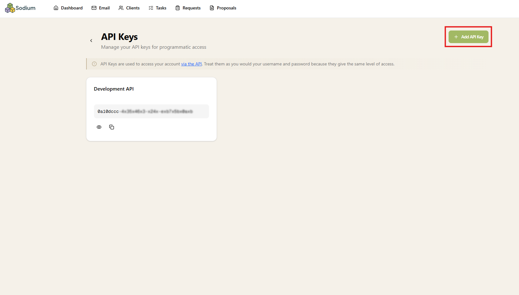 The Sodium API Keys page with the Add API Key button highlighted in the top right