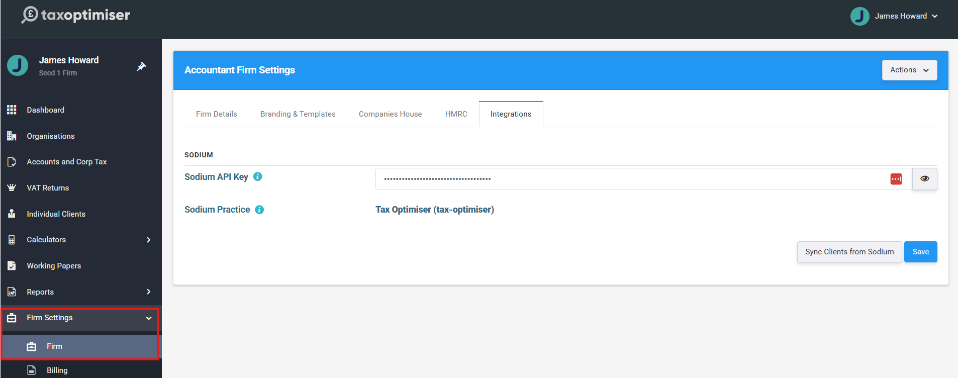 The Integrations tab of Firm Settings in Tax Optimiser with the Sodium API Key entered and the Load Tenants button below the tenant dropdown